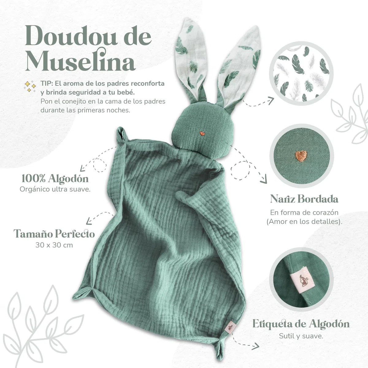 Mikito - Doudou Bebe 30x30cm Algodon Organico - Muselinas Bebe Algodon - Ideal para Arrullo Bebe Recien Nacido - Regalos Bebes Recien Nacidos Originales - Dudus Bebe