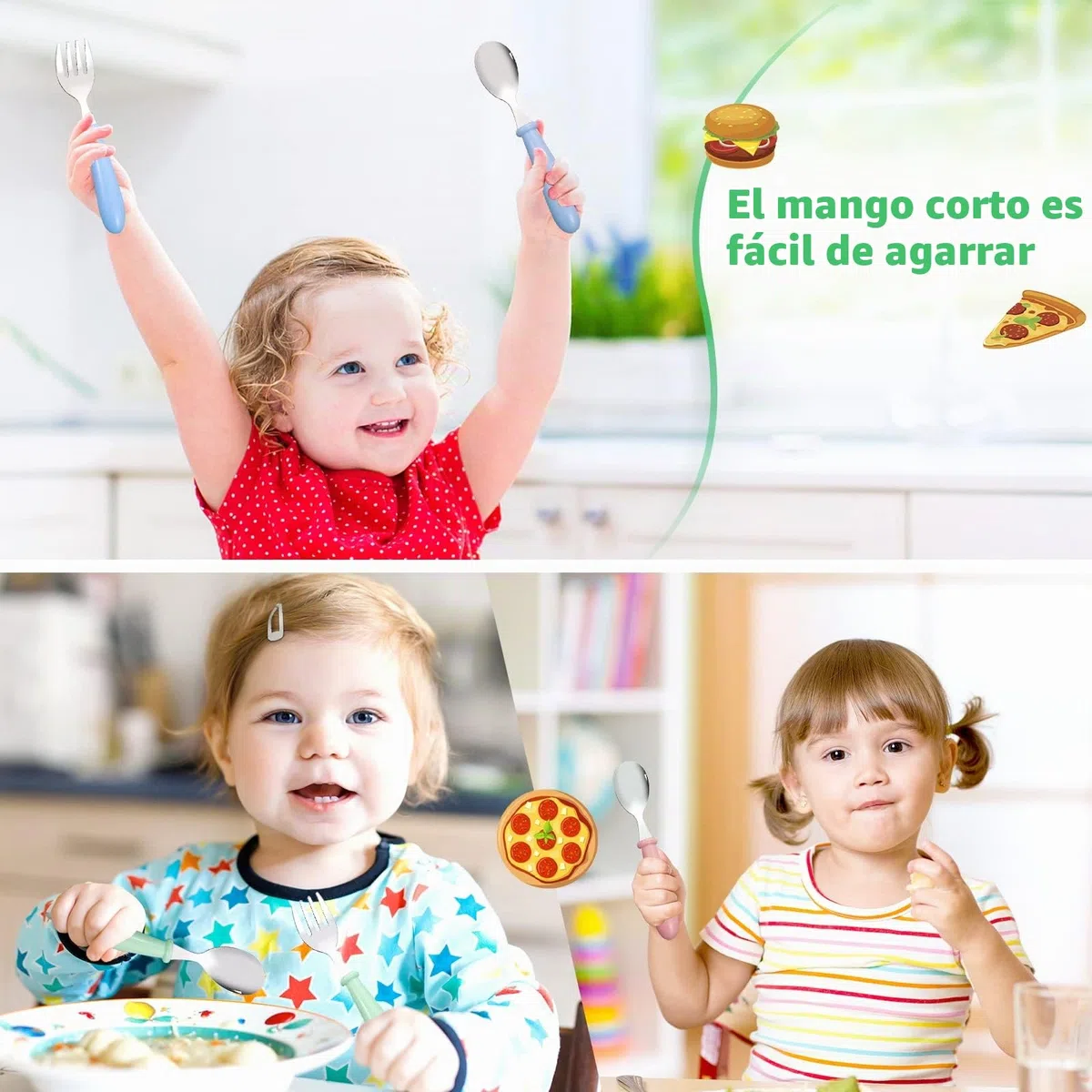 8 Pieza Cubertería Infantiles de Acero Inoxidable, Cubiertos bebe: 4 x Cena Tenedor, 4 x Cena cuchar, Cubierto para Uso en Hogar y Escuela(Azul Verde Rosa Blanco)