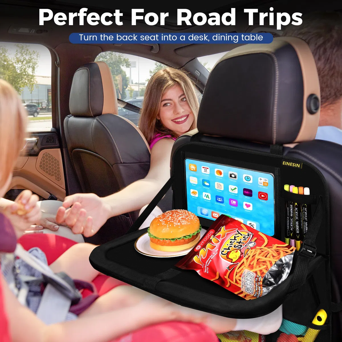 Einesin Organizador Asiento Coche, Organizador Asiento Coche Niños, con Comedor Poseedor Bandeja, Sostenedor de Tablet-Bolsillo