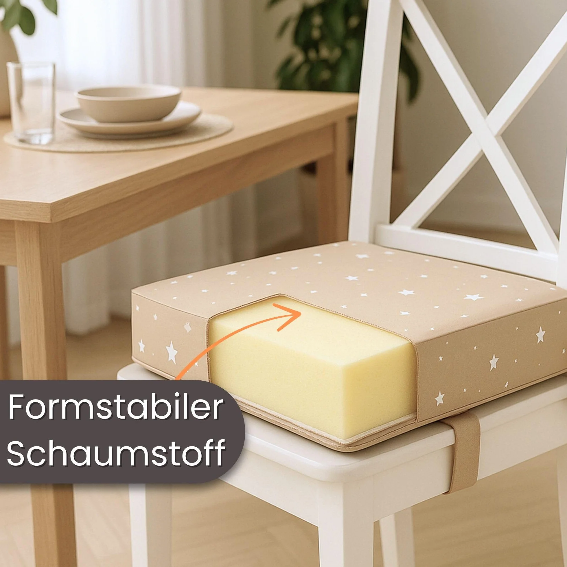 Cojin elevador para silla infantil para comer 32x32x8 cm - Alzador elevador para sillas de niños y niñas Cojín base elevadora con inserto de espuma y funda lavable Beige con estrellas blancas