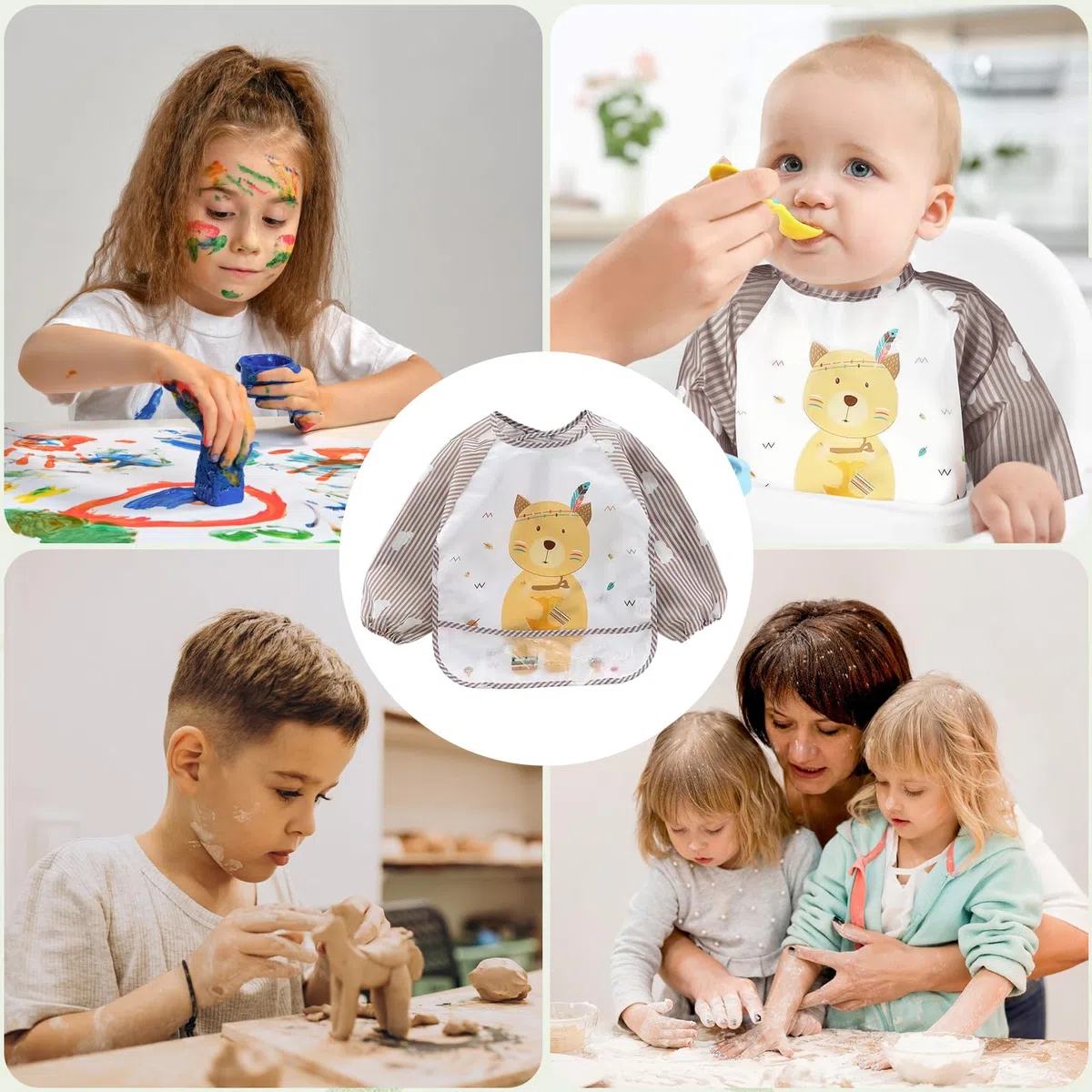 Set de vajilla de silicona para bebé 9 piezas – Plato y cuenco con ventosa, vaso de aprendizaje, cubiertos de silicona, babero y delantal manga larga – Kit BLW antideslizante, apto lavavajillas, plega