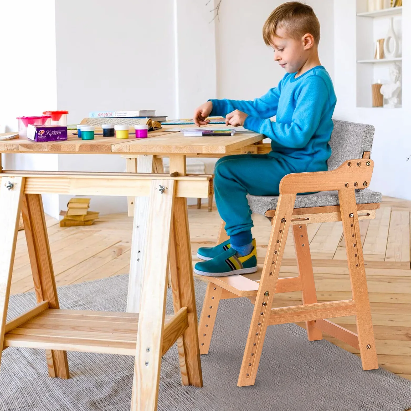 Ezebaby Trona de madera de haya para niños, silla de profesor de 6 niveles de altura regulable, estable y segura hasta 90 kg para niños y adultos (Color madera)