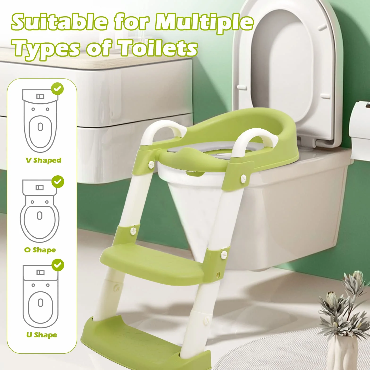 Adaptador WC Niños con Escalera, Reductor WC niños plegable con asa para niños, Escalera de inodoro ajustable en altura con asiento cómodo y escalones extra anchos (Verde)