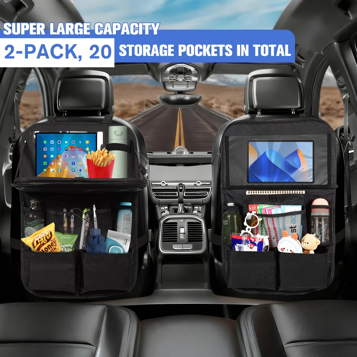 Organizador Asiento Coche 2 Piezas, Negro con Mesa Plegable, 10 Bolsillos, Funda Tablet Táctil | Organizador Coche Universal para Viajes con Niños (2)