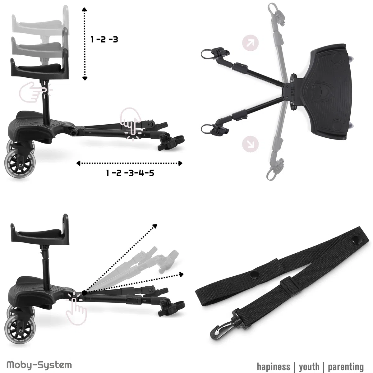 Moby-System BUGGY2GO Proveedor de cochecito con asiento ajustable, montaje universal, ruedas amortiguadas de 360°, para niños de 2 a 5 años, se adapta al 99,9% de los cochecitos, asiento de entrega