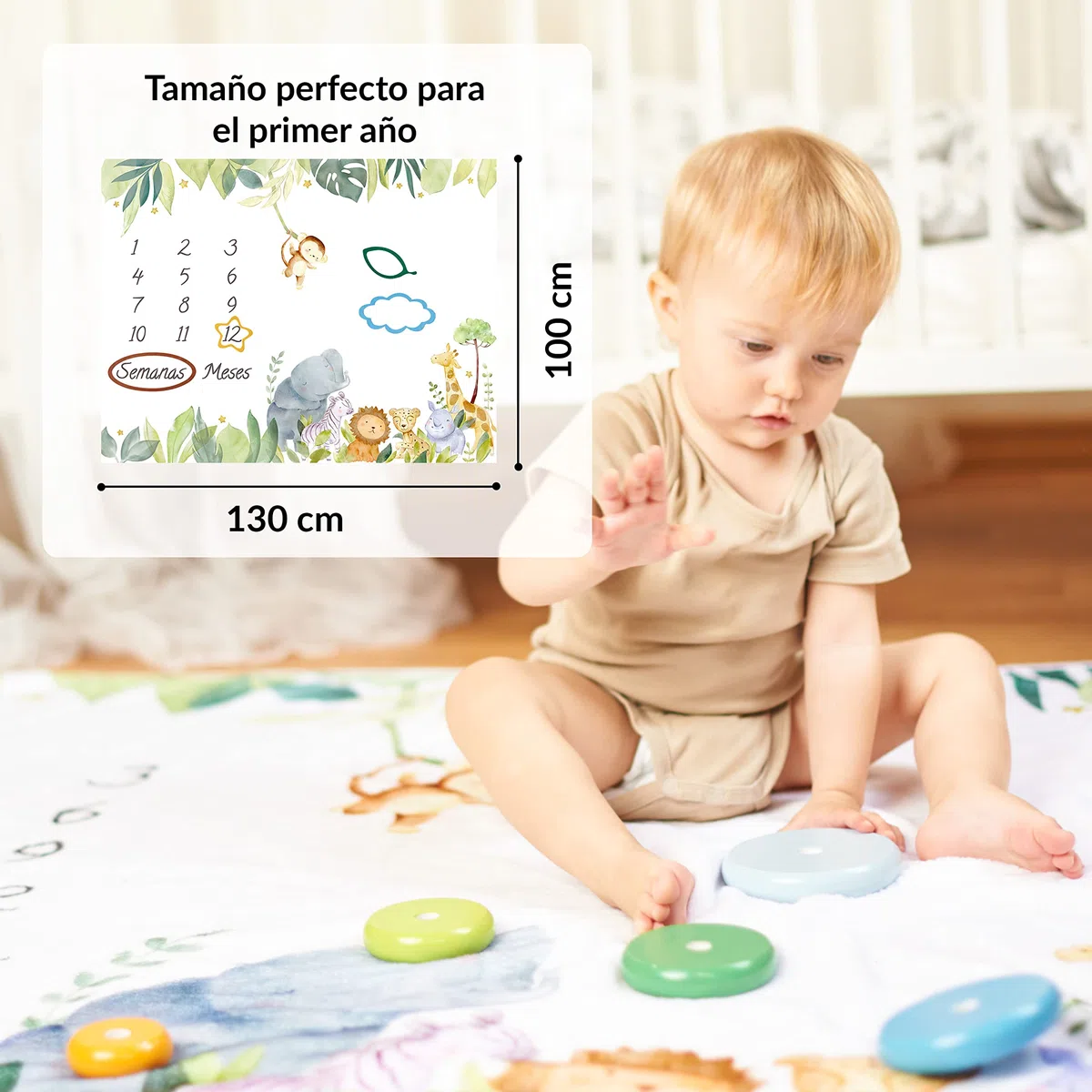 ODOXIA Manta Meses Bebé En Español | Manta Bebe Personalizada, Unisex | Tema Safari | Regalo Personalizado De Nacimiento para Nuevas Mamás | Manta Mensual Bebe | Incluye Marcos
