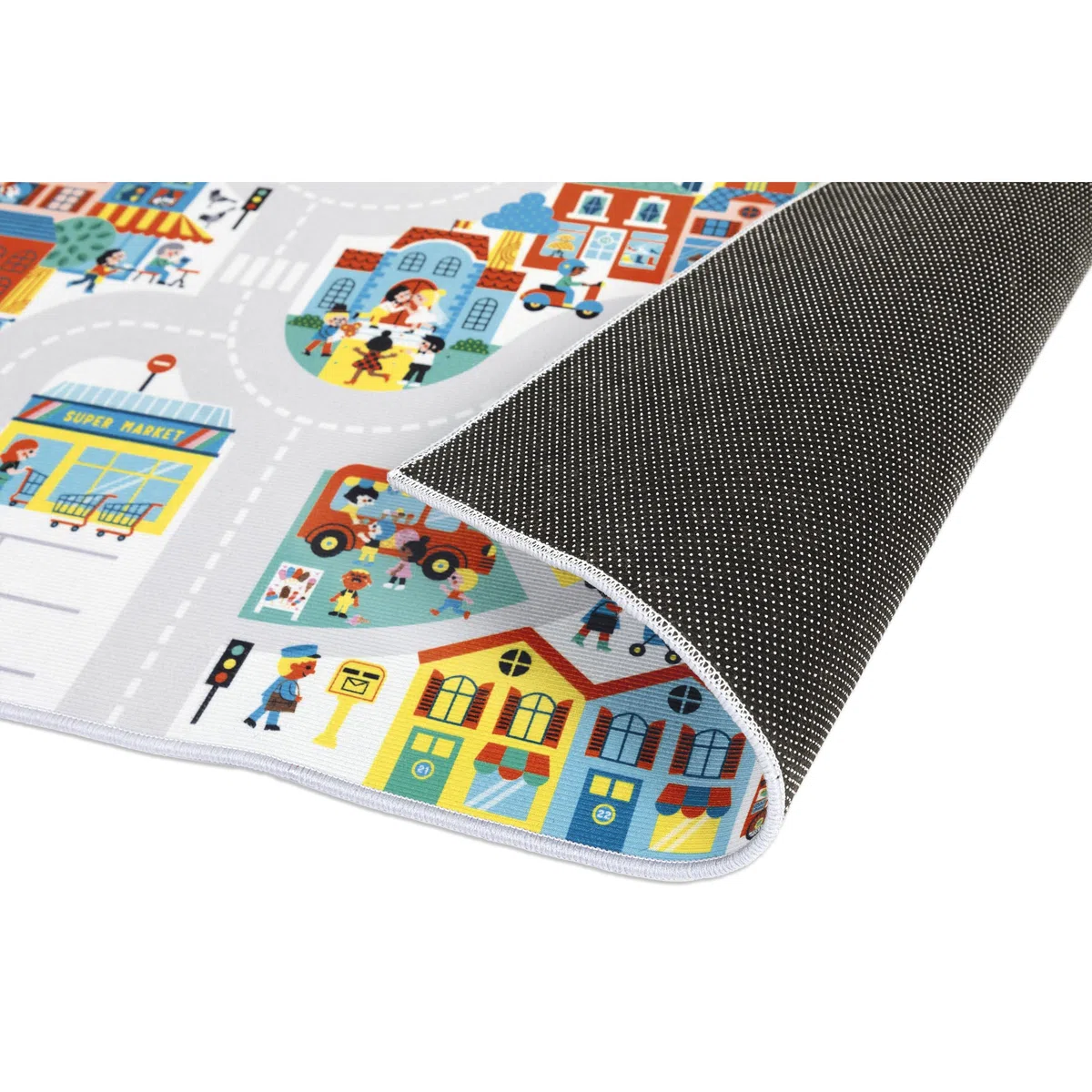 Janod - Alfombra de Coche Infantil - Tema Ciudad - Suave y Antideslizante - Motivo Urbano - Alfombra de Habitación para Niños y Niñas - 120 x 78cm - Lavable a Mano - A Partir de 2 años - J05910