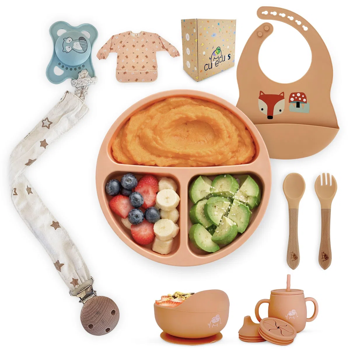 Vajilla Bebé BLW Premium 7 Piezas – Silicona Alimentaria sin BPA | Plato y Bol con Ventosa + Vaso Evolutivo 4 en 1 | Set Completo +6 Meses – Regalo Ideal Color Melocotón