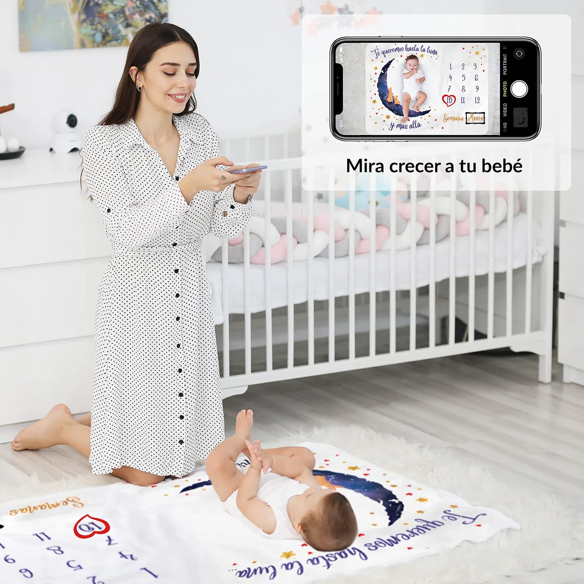 Manta Meses Bebé en Español | Manta Bebe Personalizada, Unisex | Regalo Personalizado De Nacimiento Para Nuevas Mamás | Temática Luna | Suave y Gruesa | Manta Mensual Bebe | Incluye Marcos