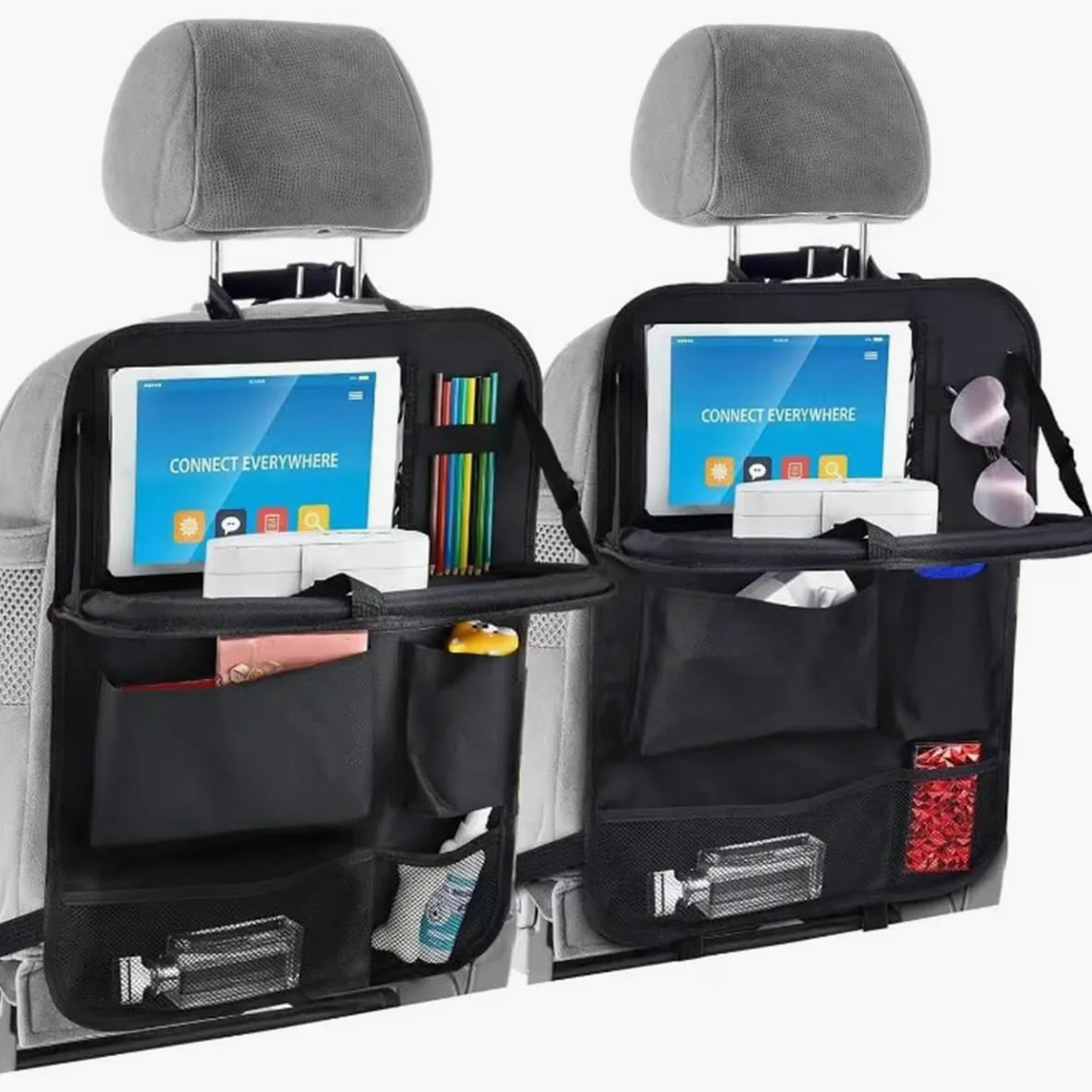 Lote de 2 bolsas de almacenamiento para asiento de coche, organizador de asiento trasero de coche para niños con soporte de mesa plegable, equipado con una red de almacenamiento central para asiento