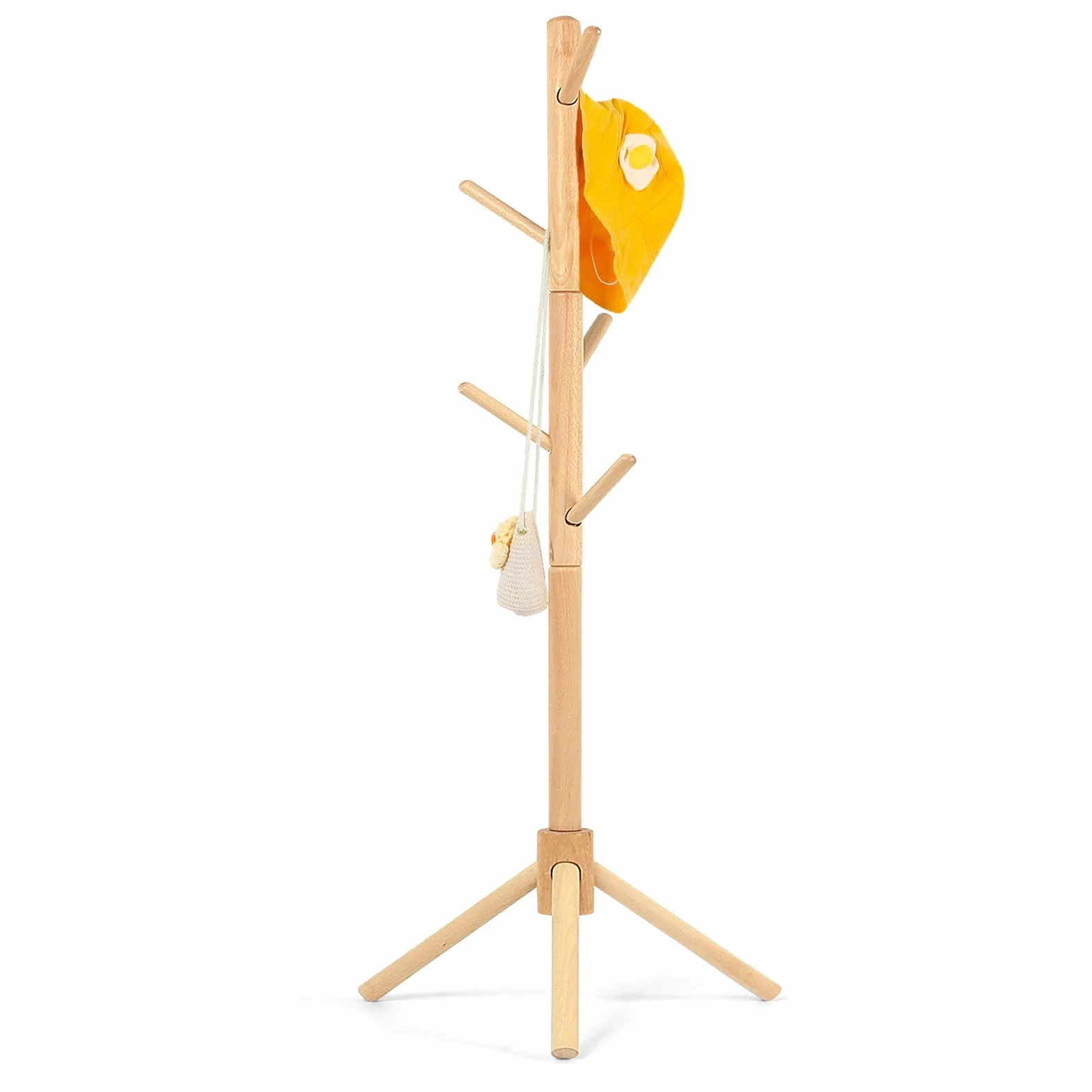 Perchero de madera de haya para niños, soporte de altura ajustable con 9 ganchos, organizador de ropa infantil independiente para pasillo, dormitorio, fácil montaje (natural)