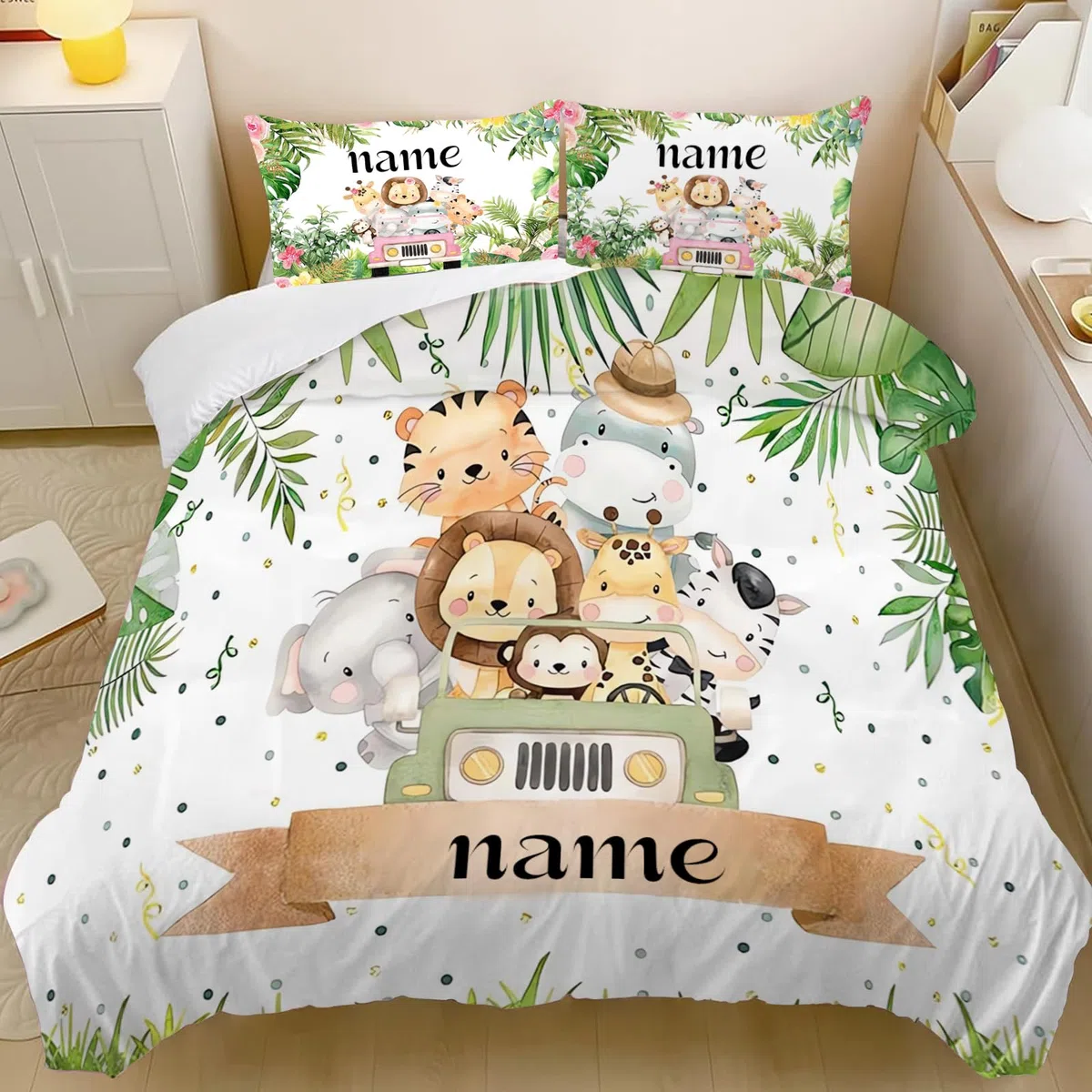 CHEFFS Ropa de cama personalizada para bebé con animales, elefante, cebra, jirafa, león, ropa de cama para niños con nombre, funda de edredón y almohada personalizada de animales salvajes (135 x 200