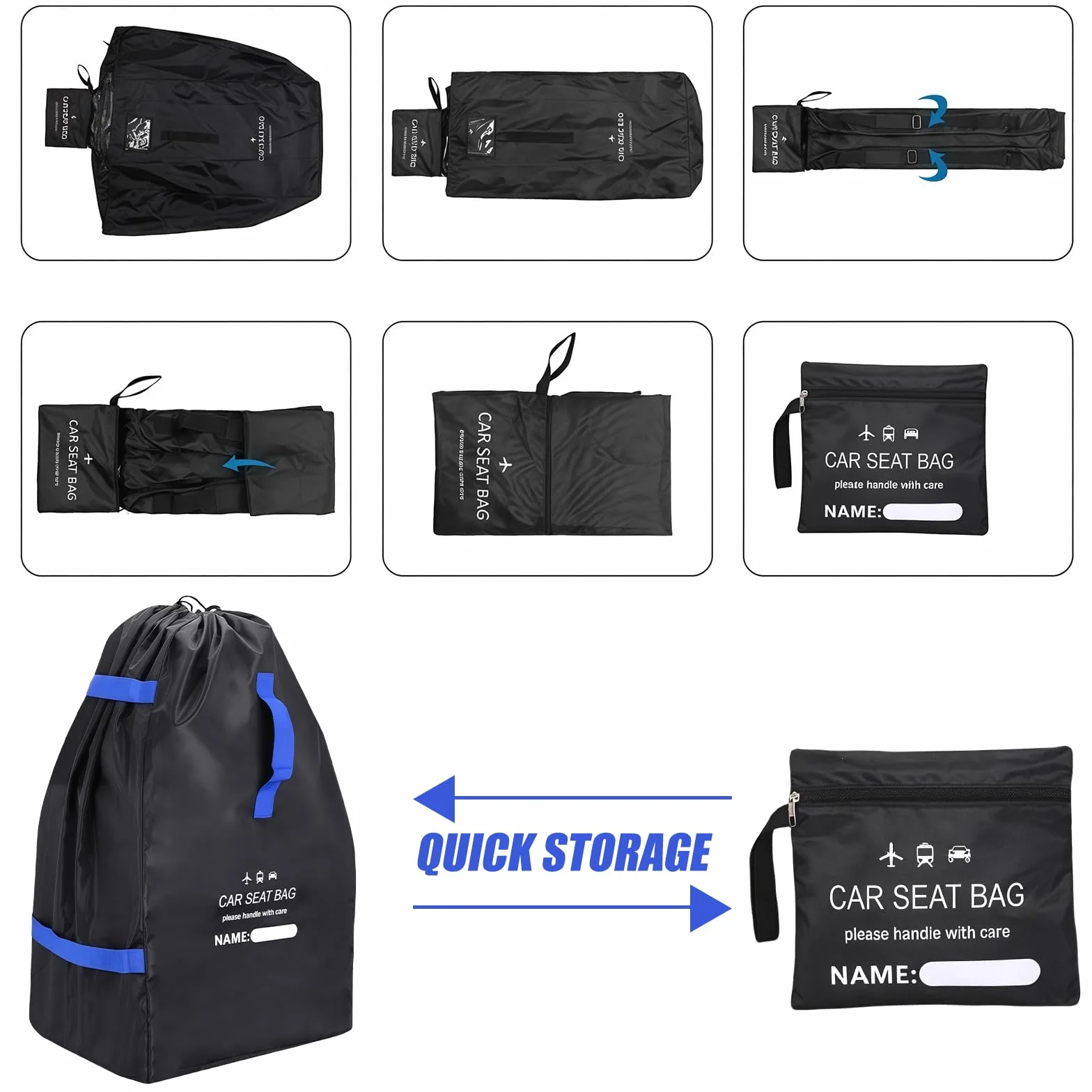 Bolsa de transporte para asiento infantil, bolsa de viaje para viajes en avión, bolsa de transporte para silla de paseo, para cochecito, silla de paseo, 85 x 45 x 45 cm, color negro y azul