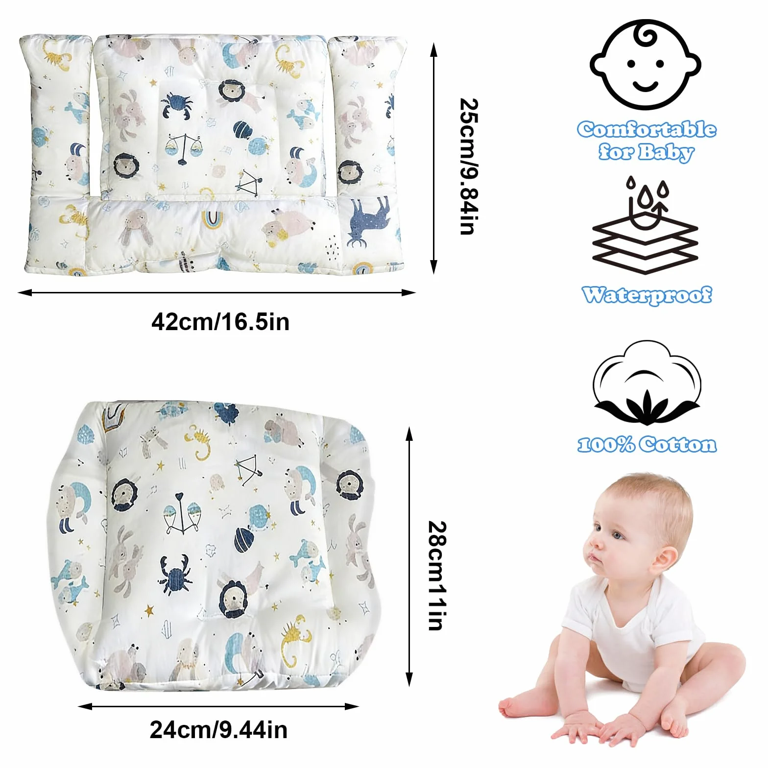 Juego de 2 cojines para trona Stokke Tripp Trapp, de algodón orgánico con revestimiento laminado resistente al agua, fácil de limpiar y extraíble, lavable a máquina (animales marinos)