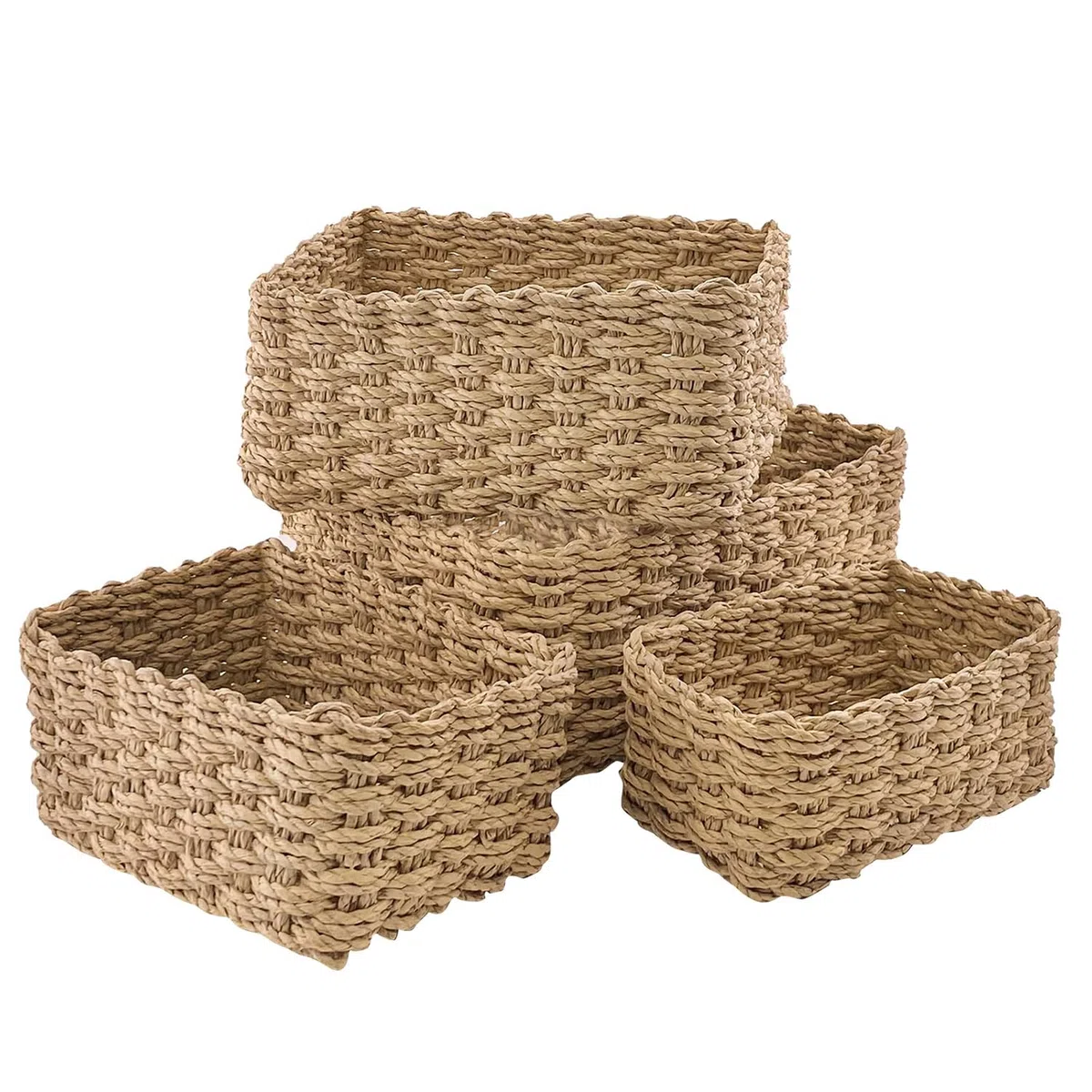 Juego de 4 Cestas de Mimbre Apilables, Cestas de Almacenamiento Trenzadas, Cestas de Cuerda de Papel Reciclable, Cestas Almacenaje, Cesta Mimbre Para Baño, Mesas, Cocina, Salón