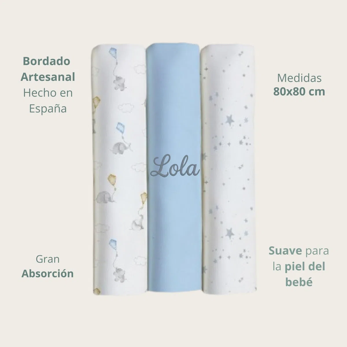 Muselina Bebé Personalizada Nombre Bordado 100% Algodón. Pack Muselinas 2+1 Recién Nacido Niño Niña - Regalo Nacimiento con Nombre - Regalo Padres y Mamás Primerizas - Azul