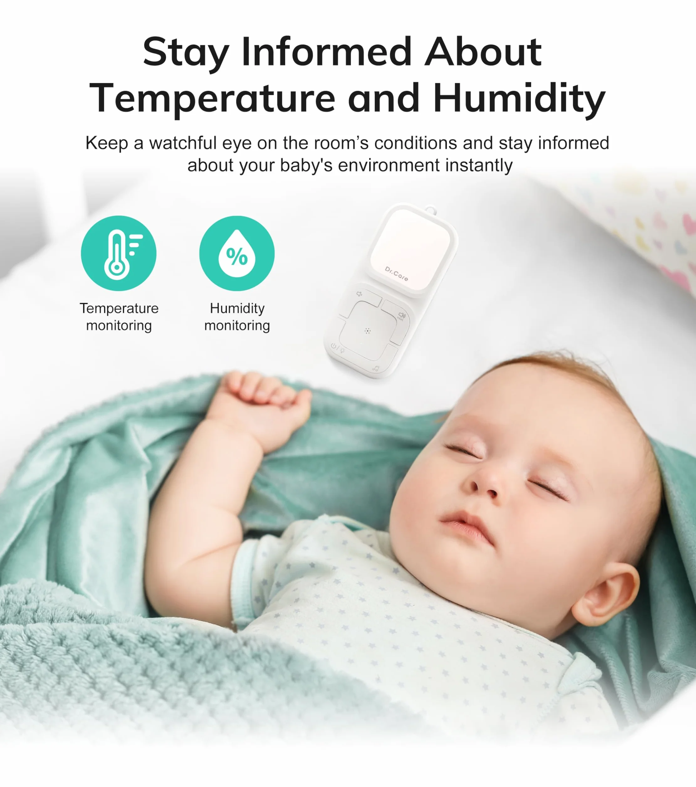 Dr.Care Neo Go Monitor de Audio Portátil para Bebés Ayuda para Dormir con Alcance de 300m, Batería de Día y Noche, Clip Portátil, VOX, Luz Nocturna, 8 Canciones de Cuna, Alarma por Vibración, Cordón