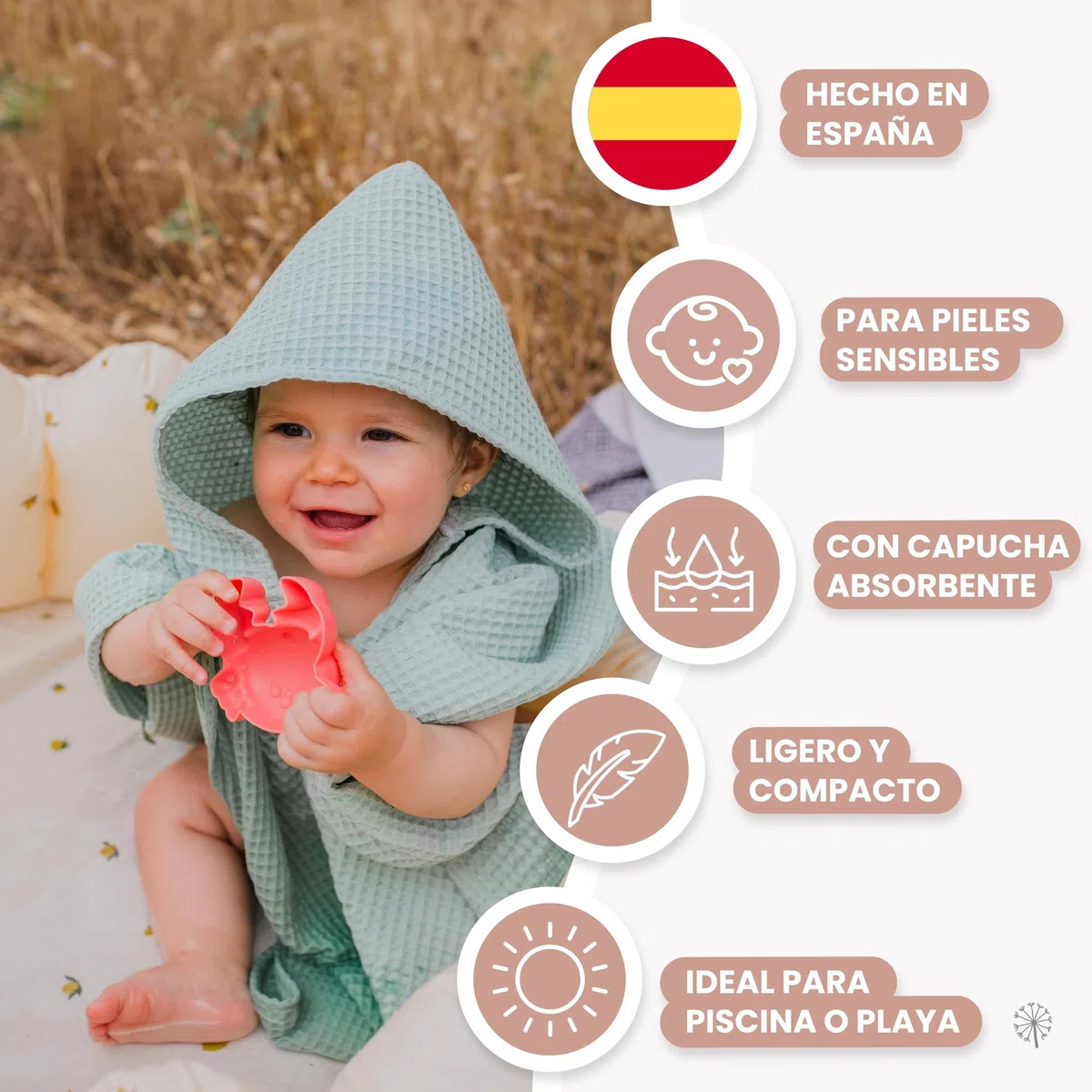 MIMUSELINA Poncho Toalla Bebe de Muselina 100% Algodón | Albornoz Niños Ligero y Absorbente | Toalla Playa Bebe Que Seca sin Frotar | Uso Diario, Baño, Playa y Piscina | Hecho en España | Waffle Mint