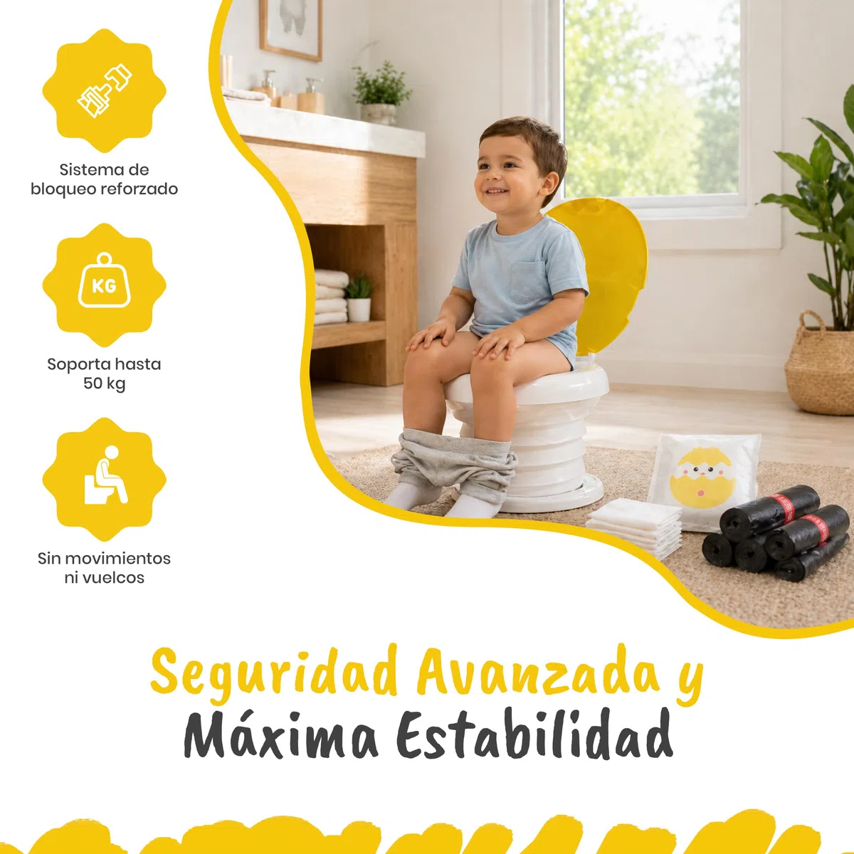 Orinal Portátil Niños Plegable | Orinales Infantiles con 6 Alturas Ajustables | Soporta Hasta 50Kg | Incluye Funda de Transporte y 20 Bolsas Desechables (Amarillo)