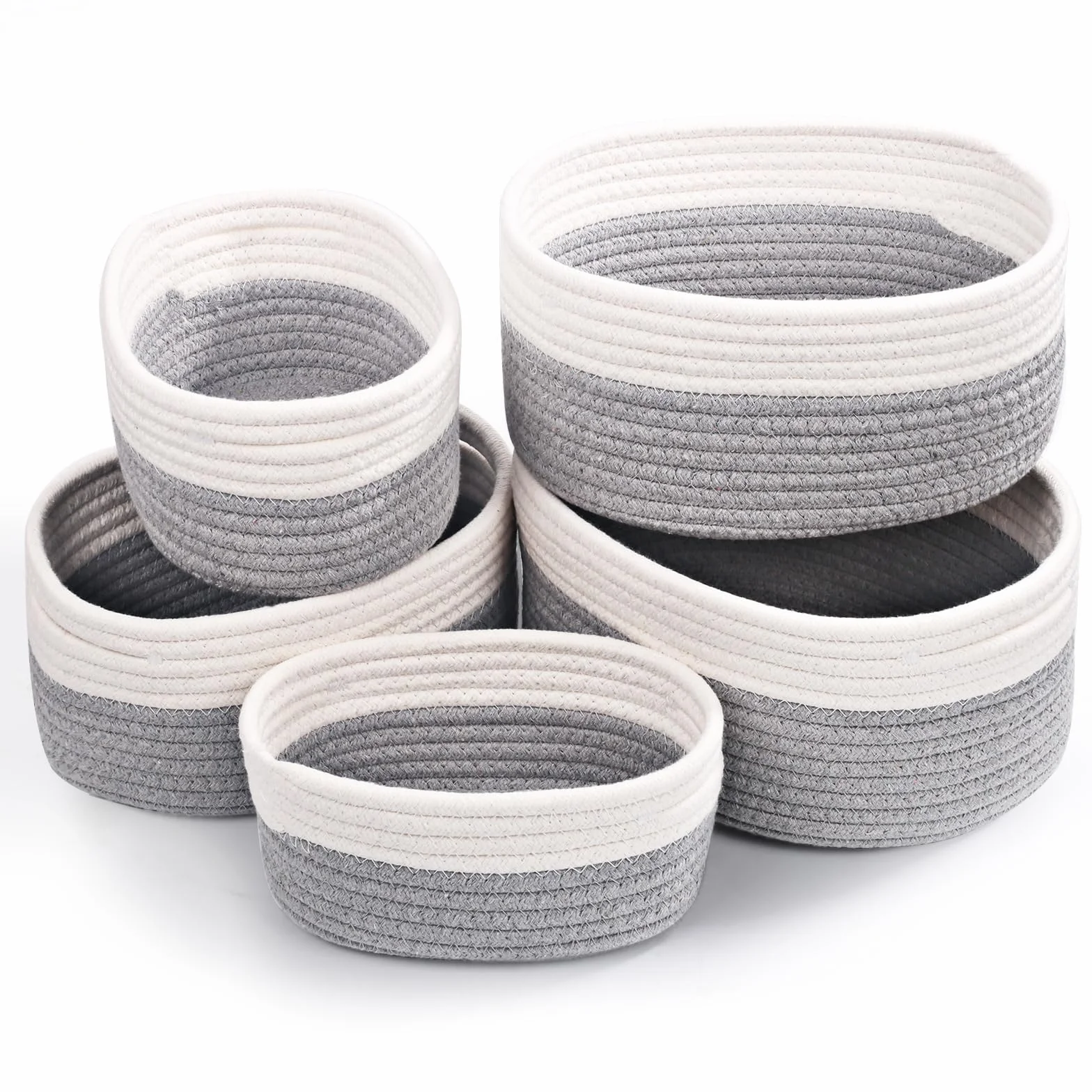 5 Piezas Cestas Almacenaje Tejidas con Cuerda de Algodón,Cestos Organizadores,Cesta Organizadora Bebe, Cestas Organizadoras para Dormitorio, Baño, Cocina, Armario, Juguetes, Maquillaje