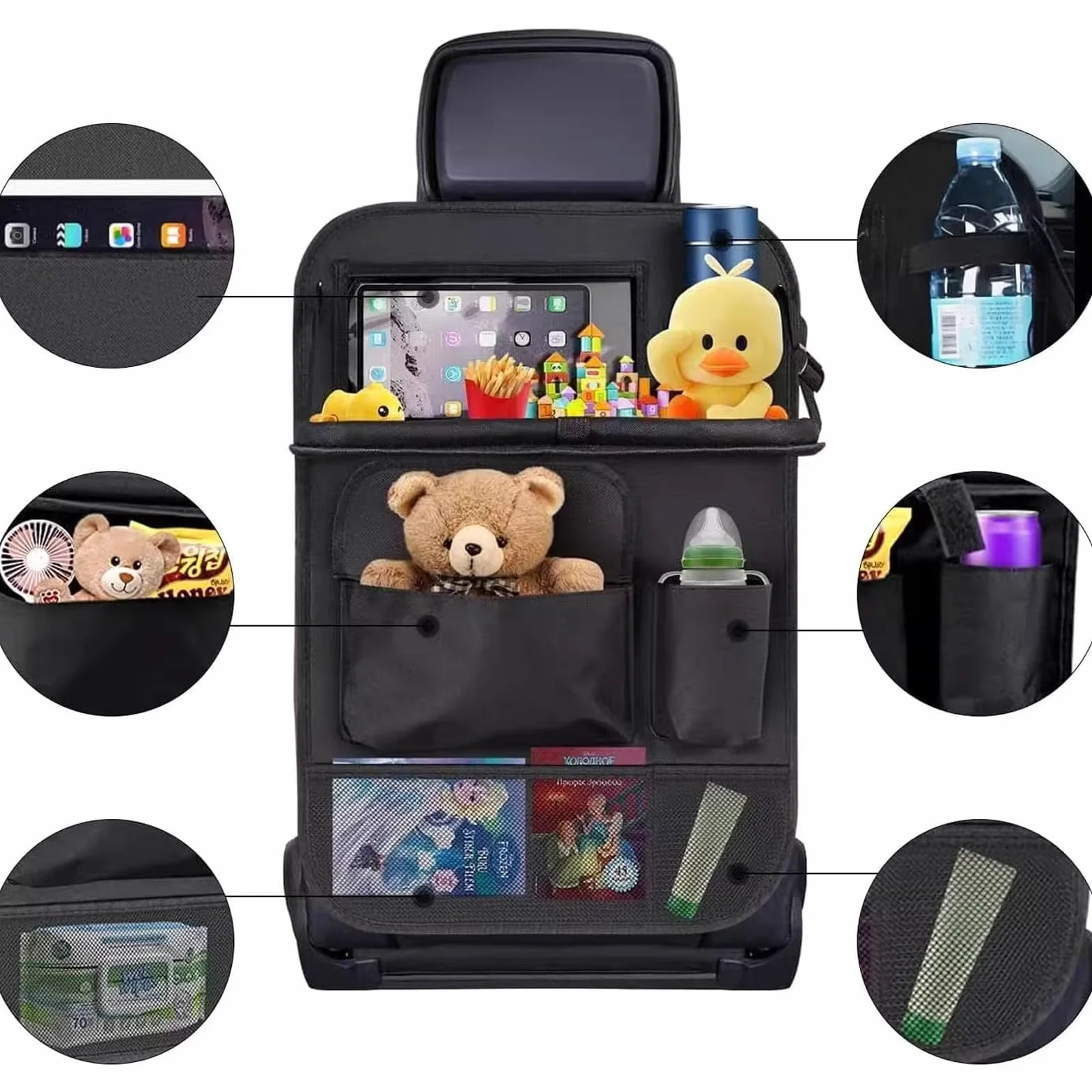 Lote de 2 bolsas de almacenamiento para asiento de coche, organizador de asiento trasero de coche para niños con soporte de mesa plegable, equipado con una red de almacenamiento central para asiento