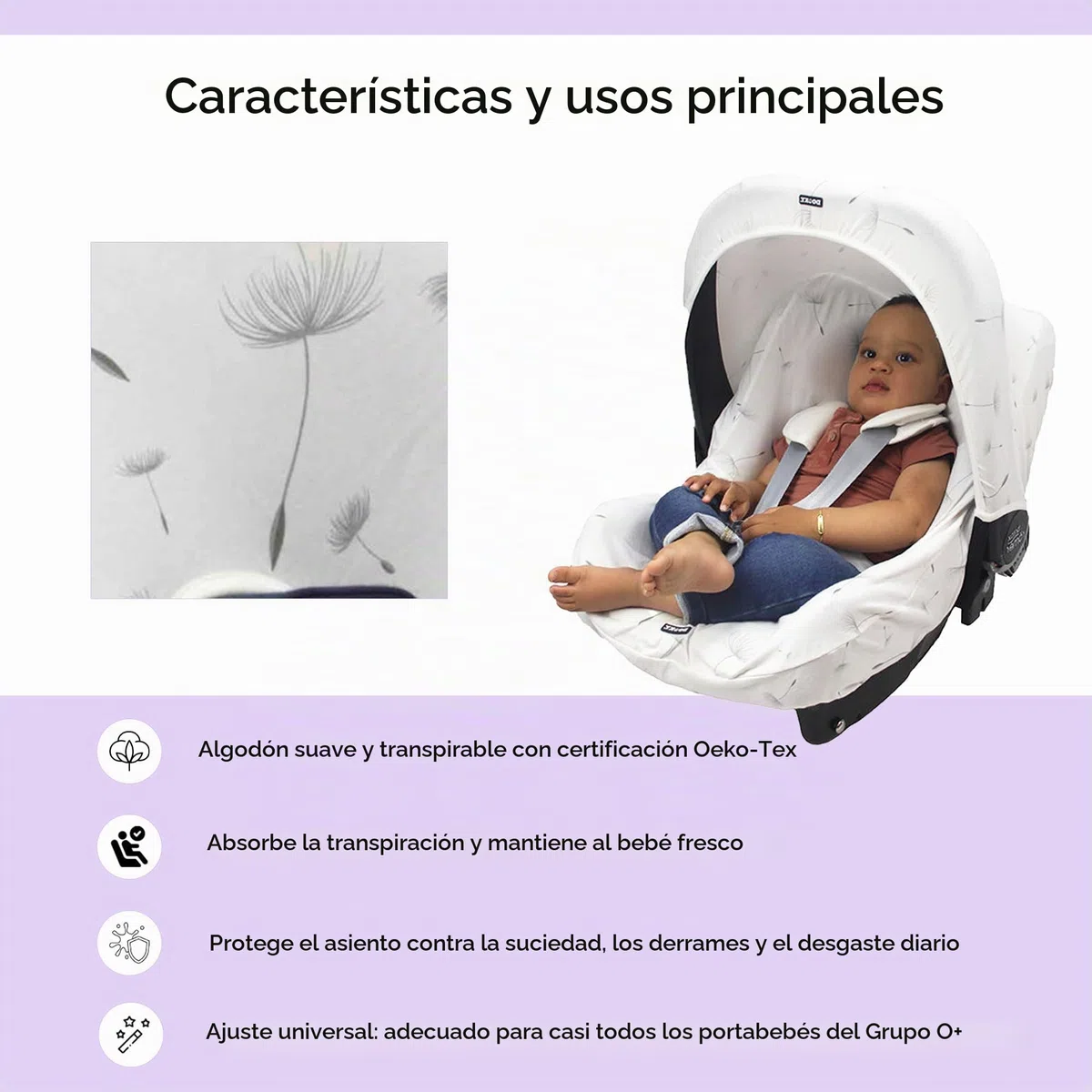 Dooky Seat Cover 0+ Dandelion Cubierta para el Asiento de Coche del bebé (para Sistema de cinturón de 3 y 5 Puntos, Grupo de Edad 0+, Adecuado para la mayoría de Las Marcas), Blanco