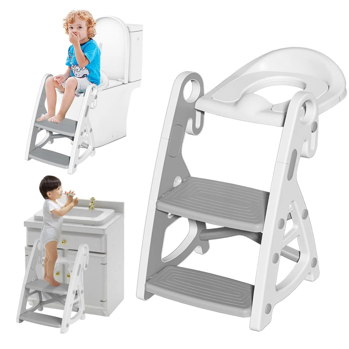 Withosent Adaptador WC Niños con Escalera, Ajustable Altura Reductor WC con PU Cojín, 2 en 1 Plegable Escalera Niños con Antideslizante Taburete, Potty Training Adaptador Baño para Bebé