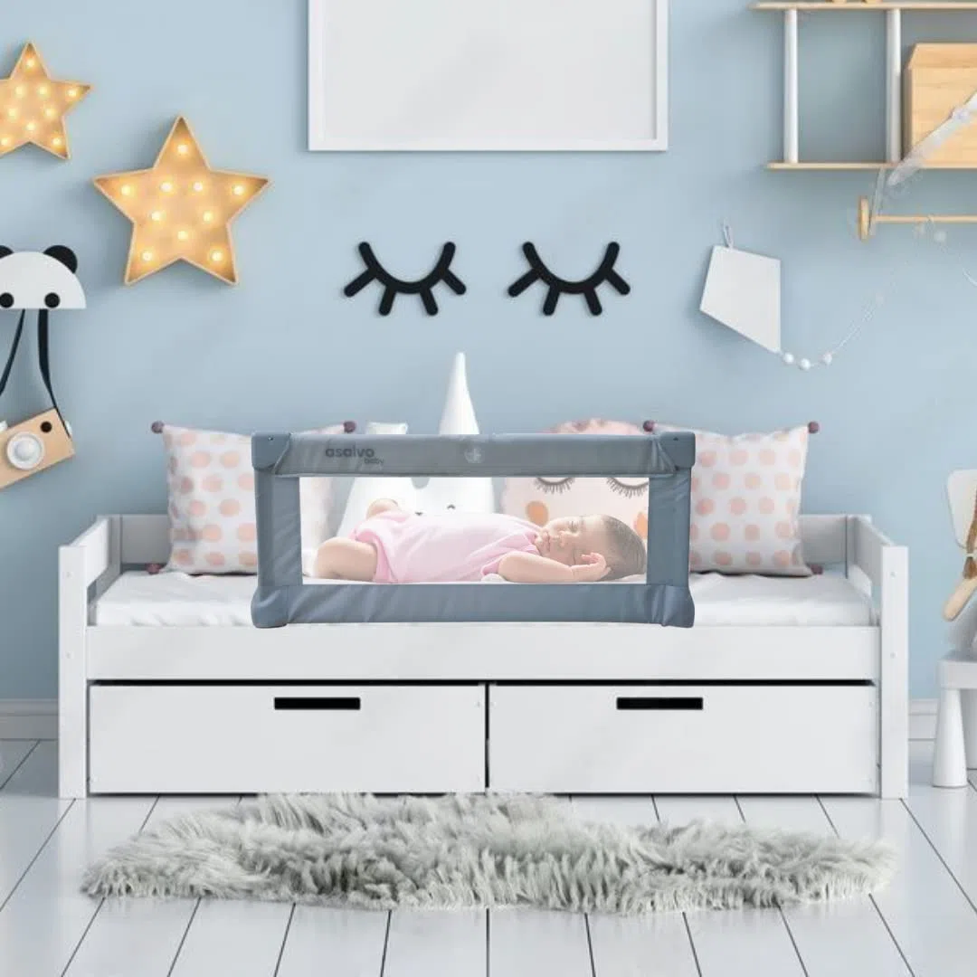 Asalvo Barrera de Cama Protección Anticaídas, Barandilla Plegable y Portátil, Fácil Montaje, Diseño Seguro y Compacto – Barrera de Seguridad 90CM Gris