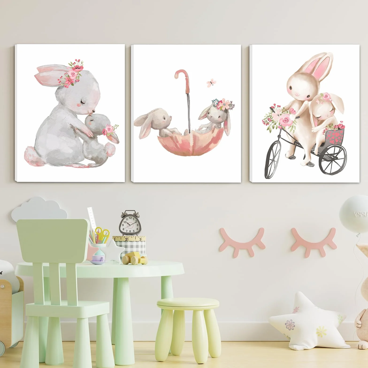 Zamety Juego de 3 imágenes para habitación infantil de niña, conejo de conejo, cuadros en lienzo para habitación de bebé con marco, cuadros infantiles para dormitorio, decoración de pared, salón, 21 x