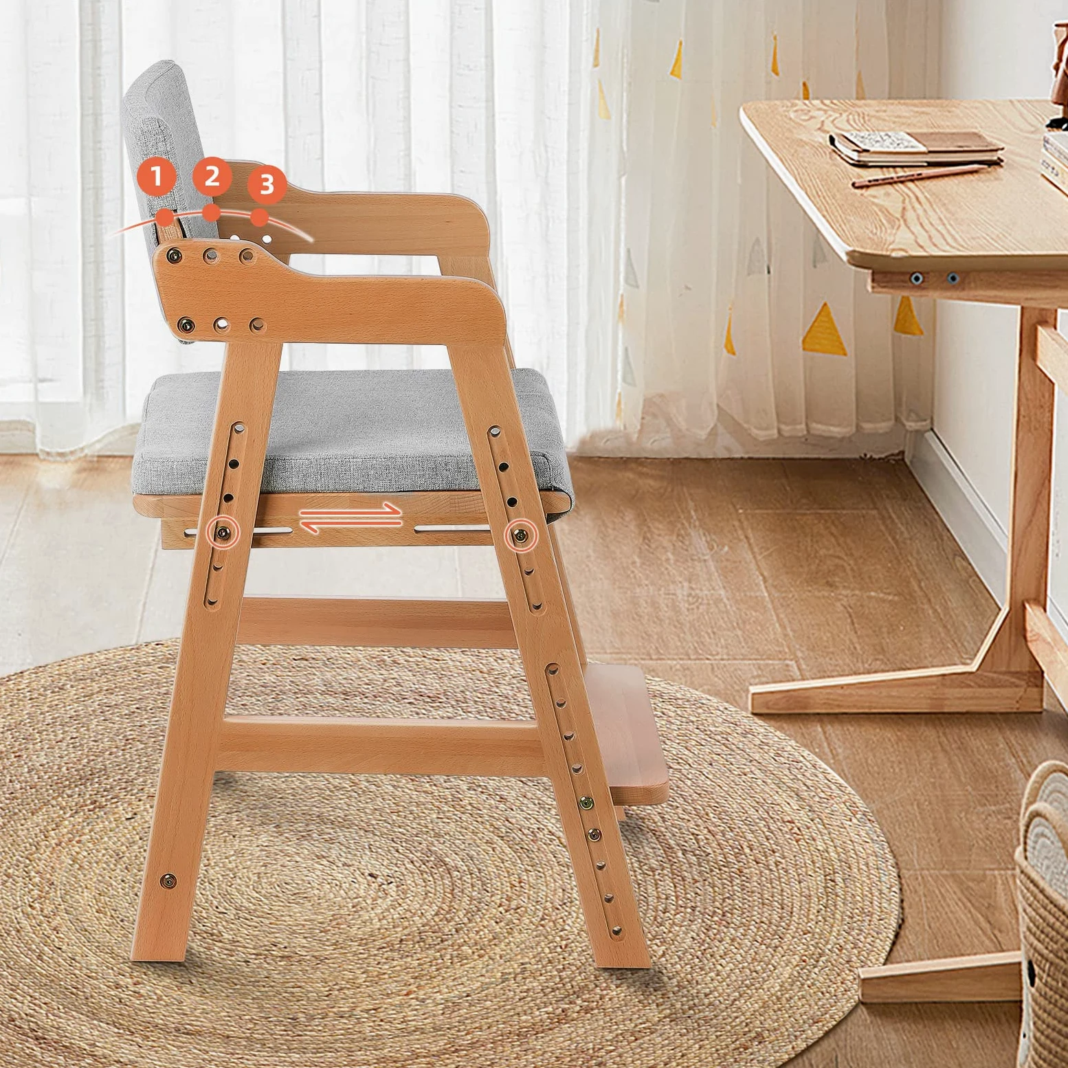 Ezebaby Trona de madera de haya para niños, silla de profesor de 6 niveles de altura regulable, estable y segura hasta 90 kg para niños y adultos (Color madera)