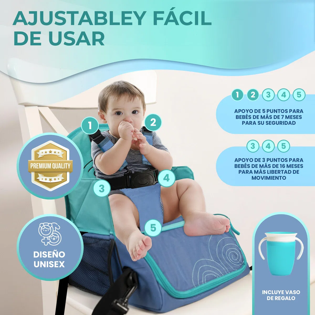 Trona Portatil Bebe con Arnés de 5 Puntos y Vaso de Aprendizaje - Alzador Silla para Niños de 6 a 36 Meses