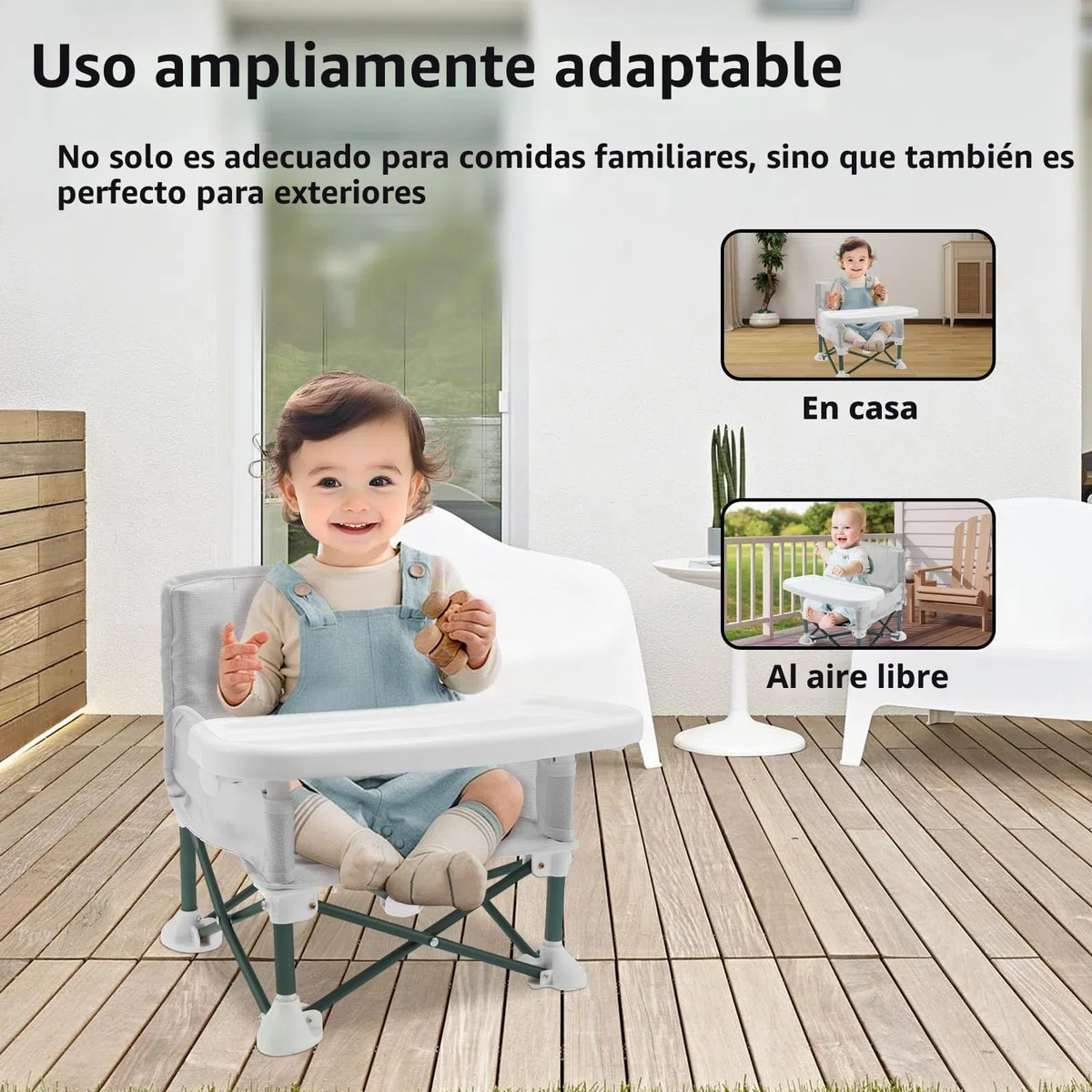 Silla de camping para bebé, trona de viaje para bebé con cinturón de seguridad infantil y compartimento de almacenamiento trasero, plegable, con forro extraíble para interior y exterior (gris)