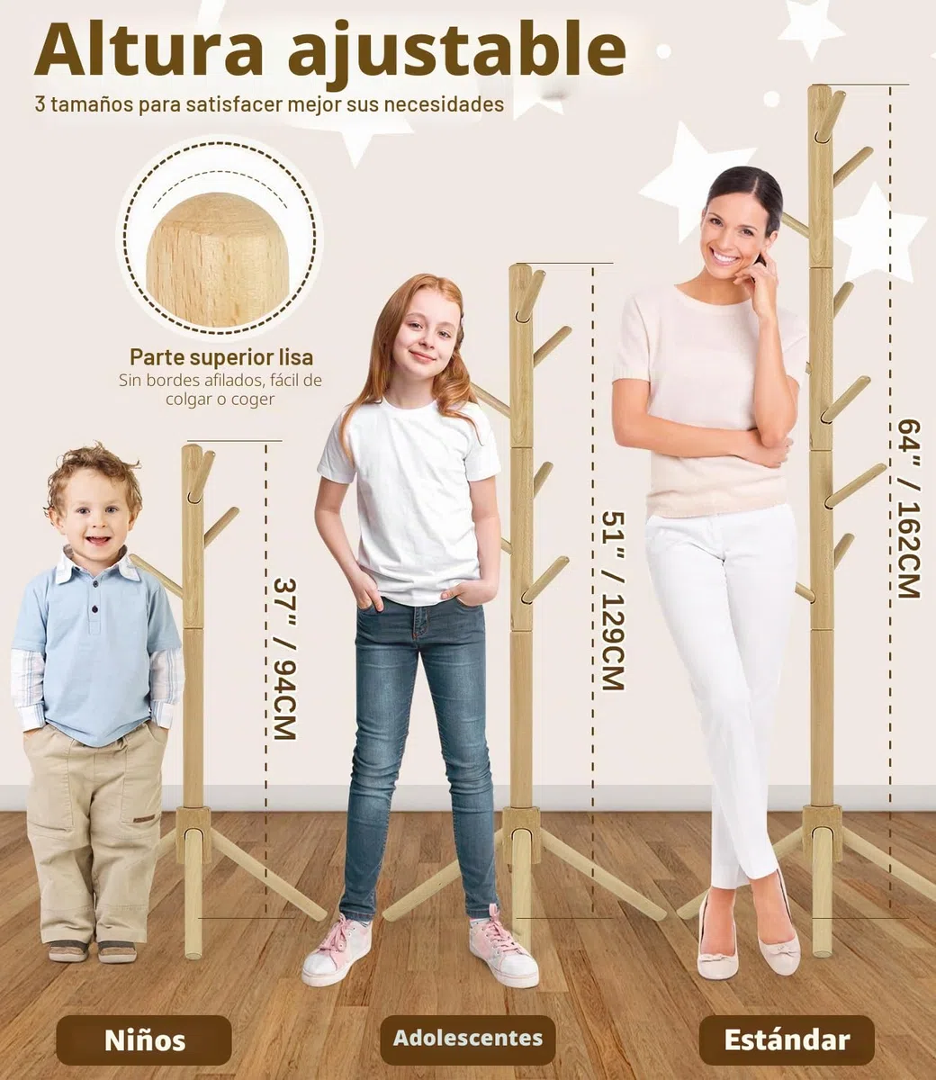 Perchero de madera de haya para niños, soporte de altura ajustable con 9 ganchos, organizador de ropa infantil independiente para pasillo, dormitorio, fácil montaje (natural)