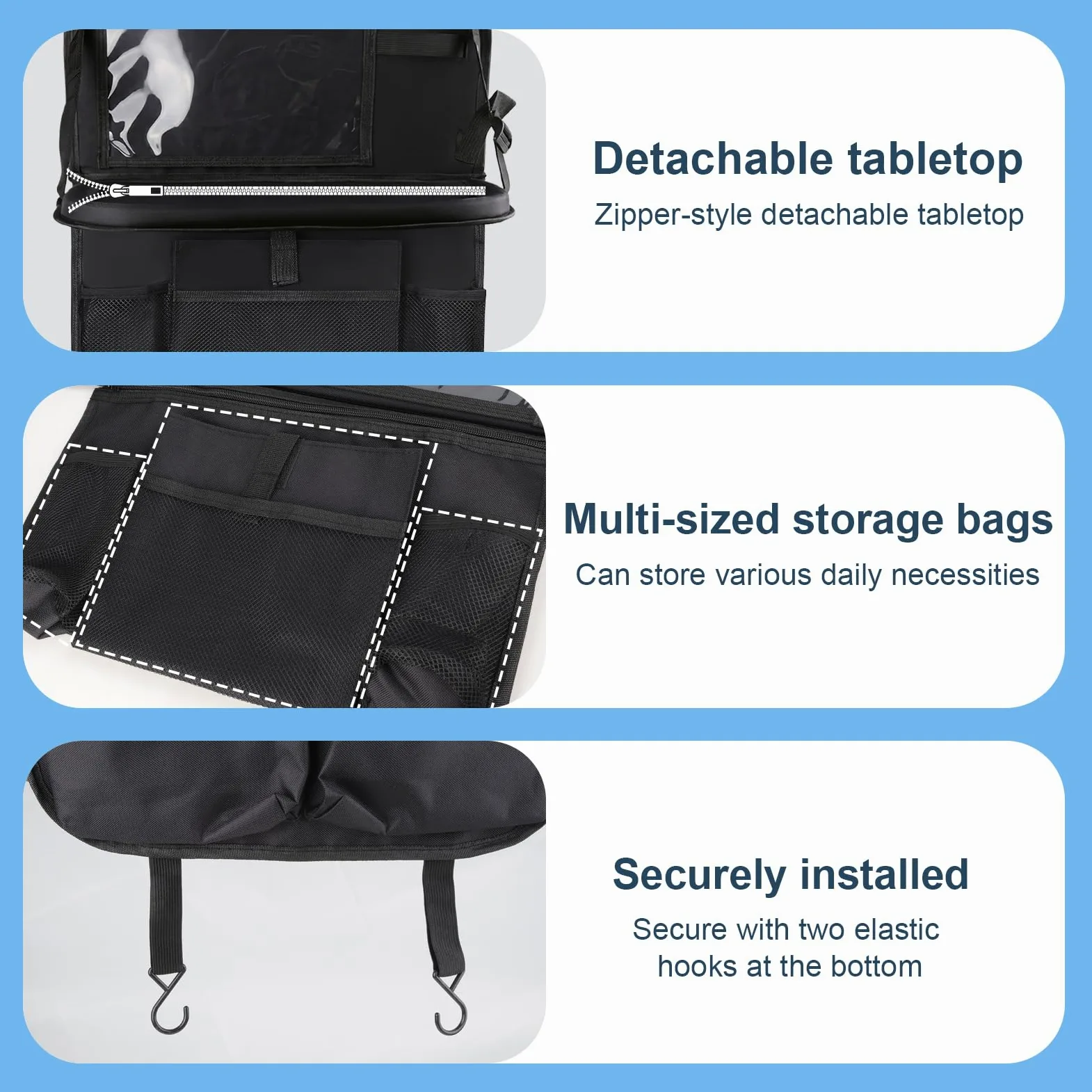 Juego de 2 organizadores para coche con mesa plegable desmontable, 62 x 42 cm, organizador de asiento trasero para niños y adultos, 11 bolsillos + compartimento para pantalla táctil, protector