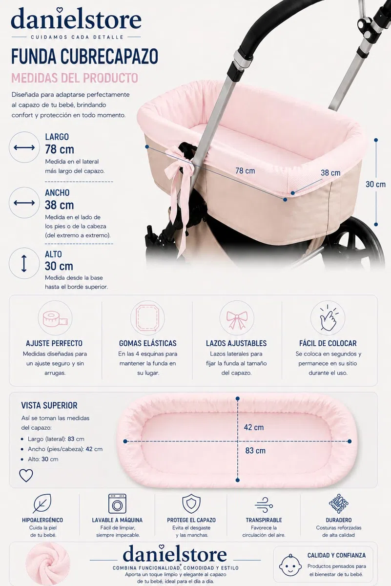 Danielstore Funda Capazo Interior Hipoalergénica Transpirable Cubrecuco Fabricación Española, Rosa, Talla Única, Tejido Piqué de Nido de Abeja, 76x34x29 cm