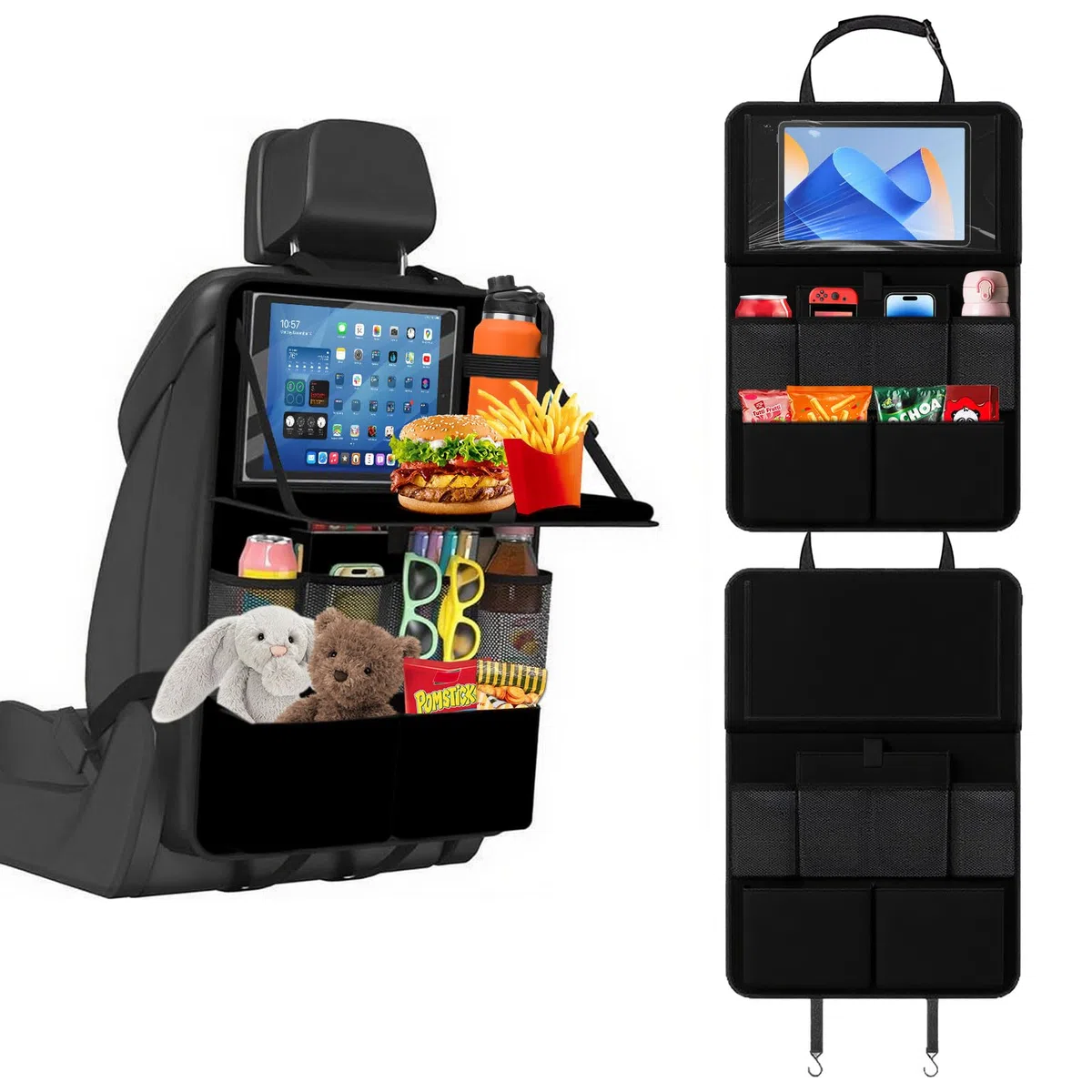 2 organizadores de asiento de coche con mesa plegable, organizador grande para asiento trasero de coche para niños, multifuncional, resistente al agua, organizador de asiento trasero, bolsa para