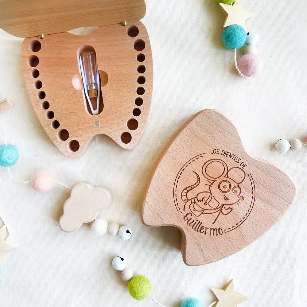 MONAMI - Caja de dientes personalizada grabada para alojar los dientes de leche. Elige entre Ratón Pérez o Hada de los Dientes.