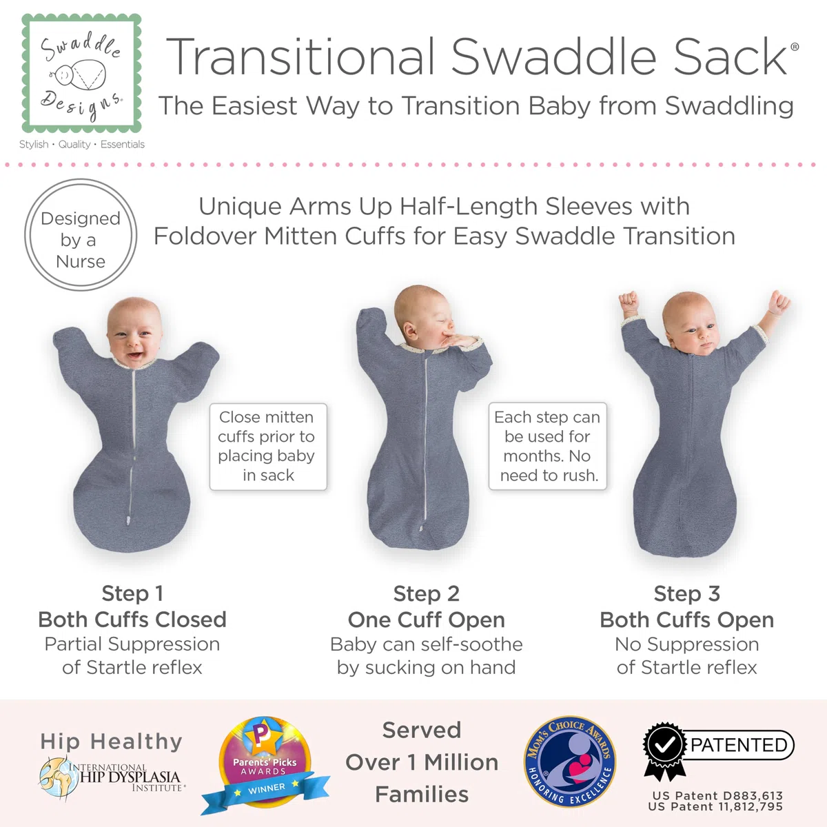 SwaddleDesigns Transitional Swaddle Sack, Arms Up Half-Length Sleeves & Mitten Cuffs, Swaddle for Newborn Transition to Baby Sleep Sack Wearable Blanket, Small, 0-3 Month, 6-14 lb, Heathered Denim