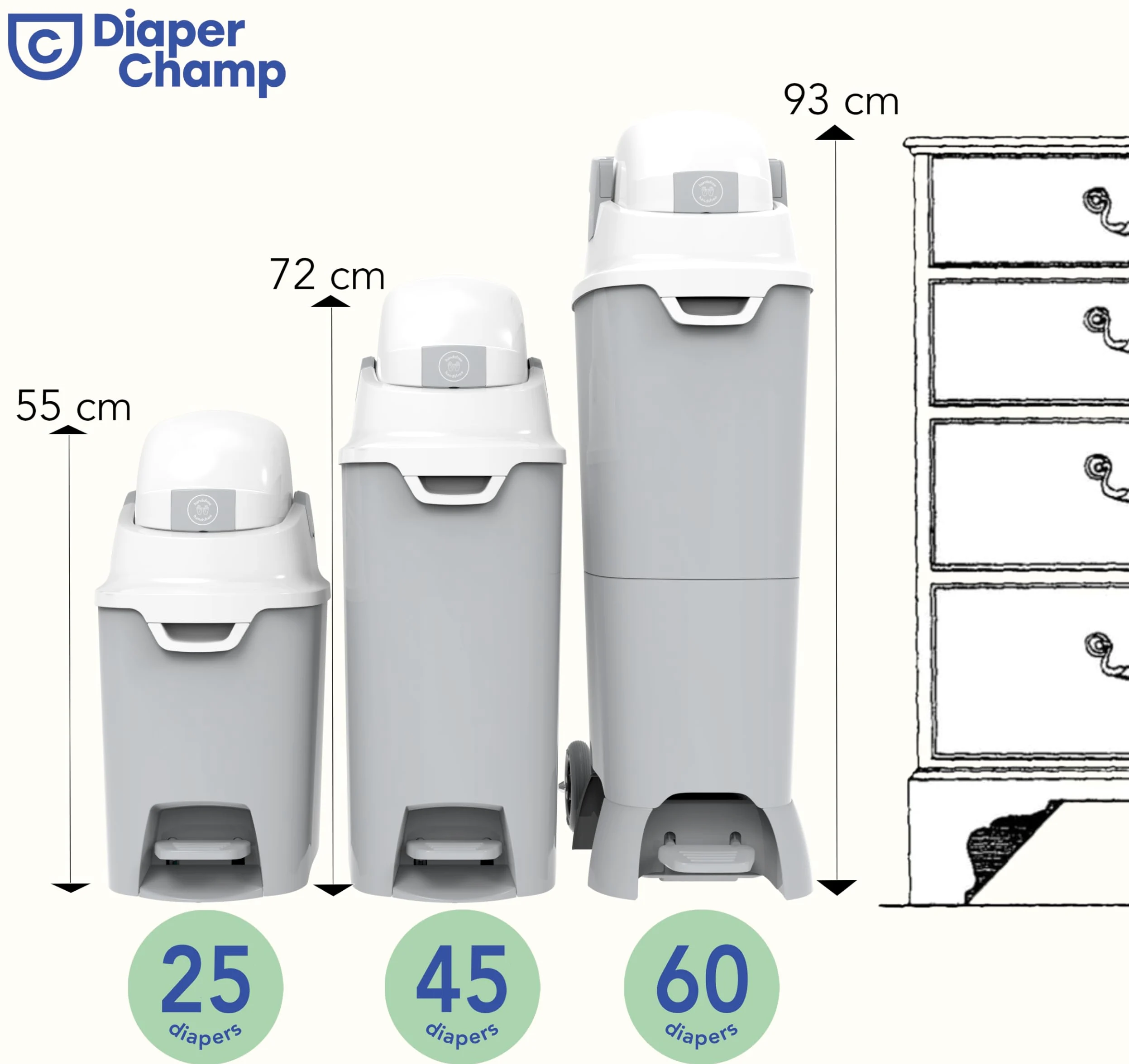 DIAPER CHAMP Handsfree Medium – Cubo de basura con pañales antiolores – manos libres – capacidad ideal – guarderías, micro guarderías, MAM – Sin cintas de recarga – Beige