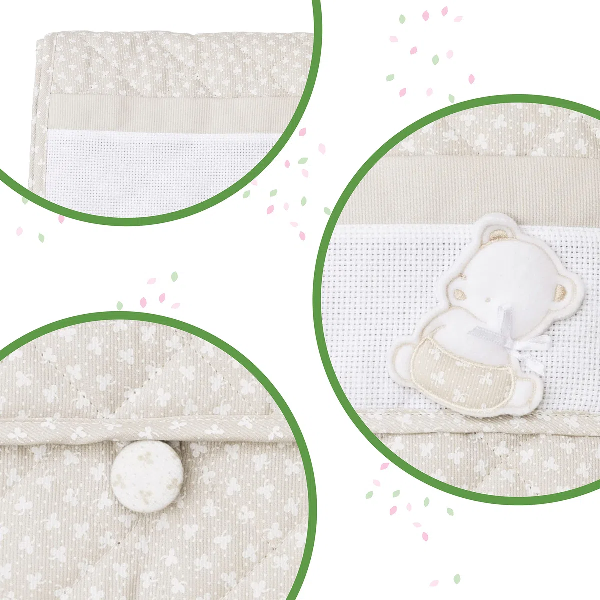 FILET - Cambiador de Ropa de Viaje, Cambiador Portátil para Cambio de Pañales, Realizado en Algodón Acolchado, con Bolsillo en Tela Aida para Bordar, Made in Italy, Trébol Paloma