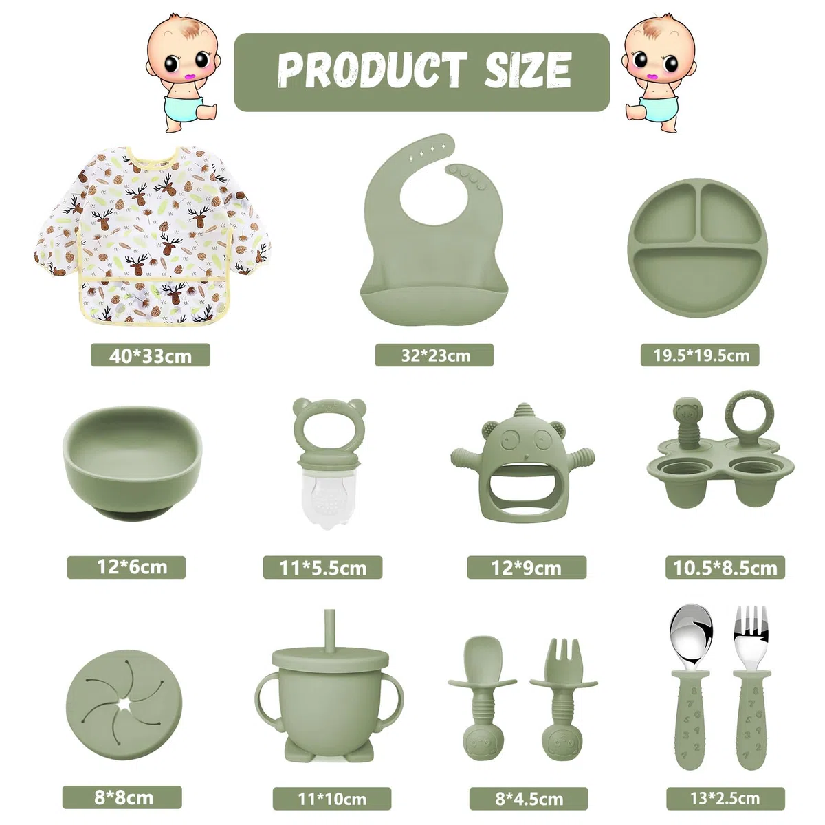 Vajilla Bebe Silicona, 14 Piezas Juegos de Vajilla Bebe Antideslizante con Platos Cuenco Babero Cuchara Bebe Taza, Cubiertos Bebe, Baby Led Weaning, Sin BPA, Cubiertos Infantiles (Verde)