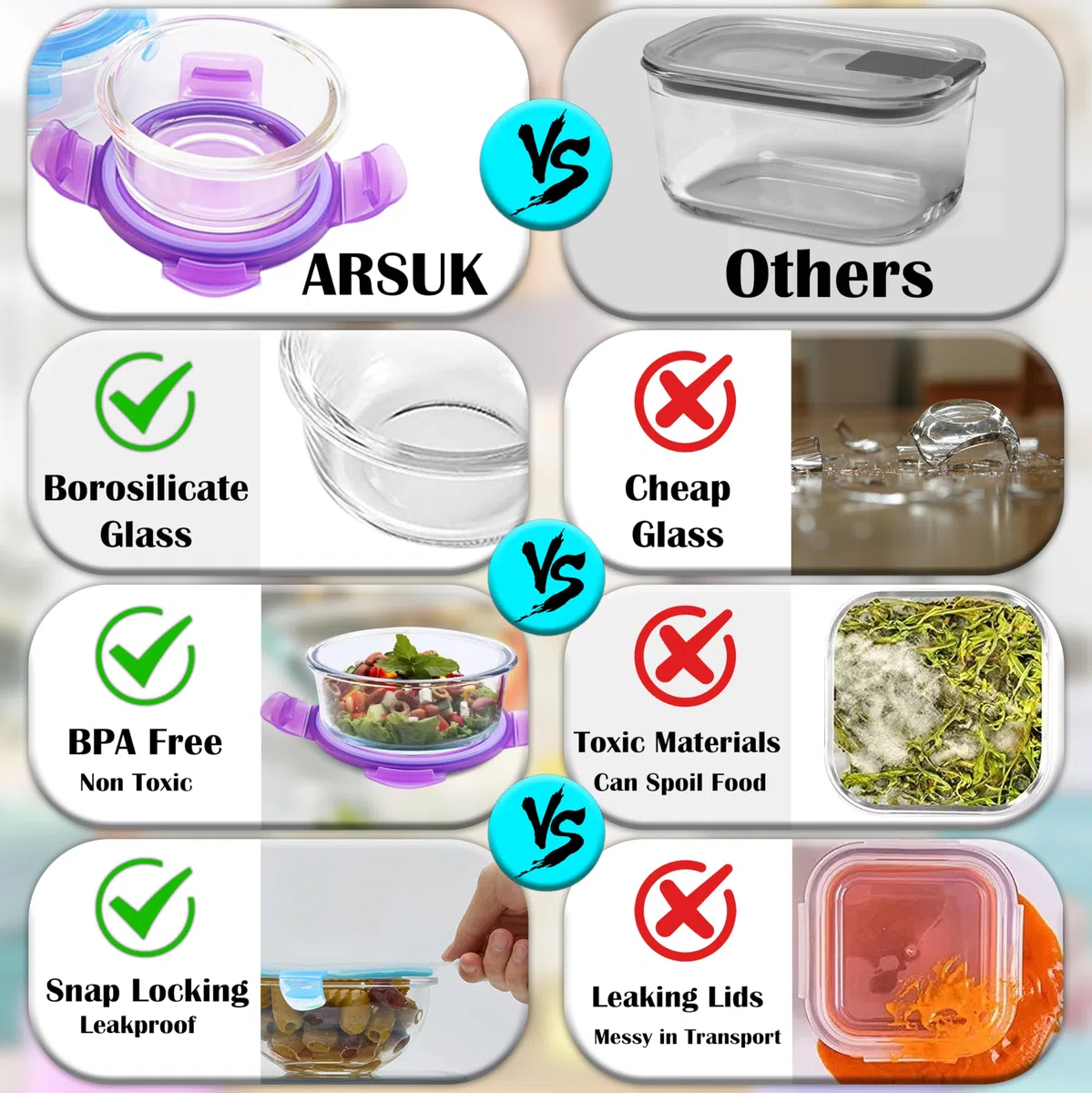 ARSUK Recipientes de vidrio para almacenamiento de alimentos para bebés, cuencos de destete pequeños, ollas para aperitivos para niños pequeños - 6 x 200 ml