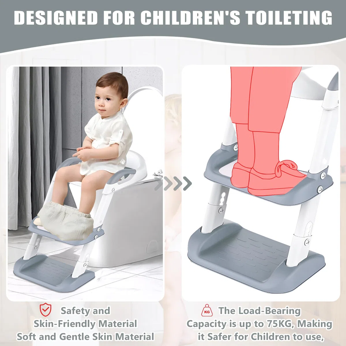 Adaptador Reductor WC Niños, Adaptador WC Bebe Niños con Escalera, Antideslizante, Plegable con PU Cojín, Portatil Orinal Asiento Baño Inodor para Inodoros en Forma
