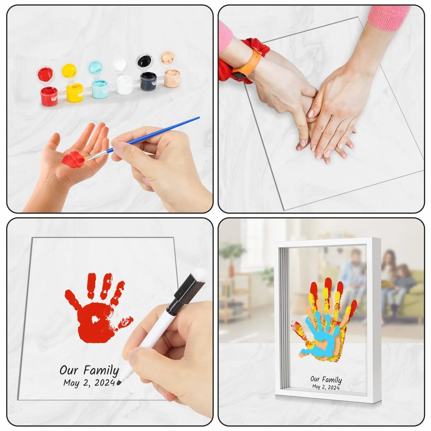 Auauraintt 4 piezasKit de Huellas de Manos Familiares,Marco de fotos de recuerdo para recién nacidos, marco artesanal de madera, decoración del hogar, regalo para nuevos y futuros padres