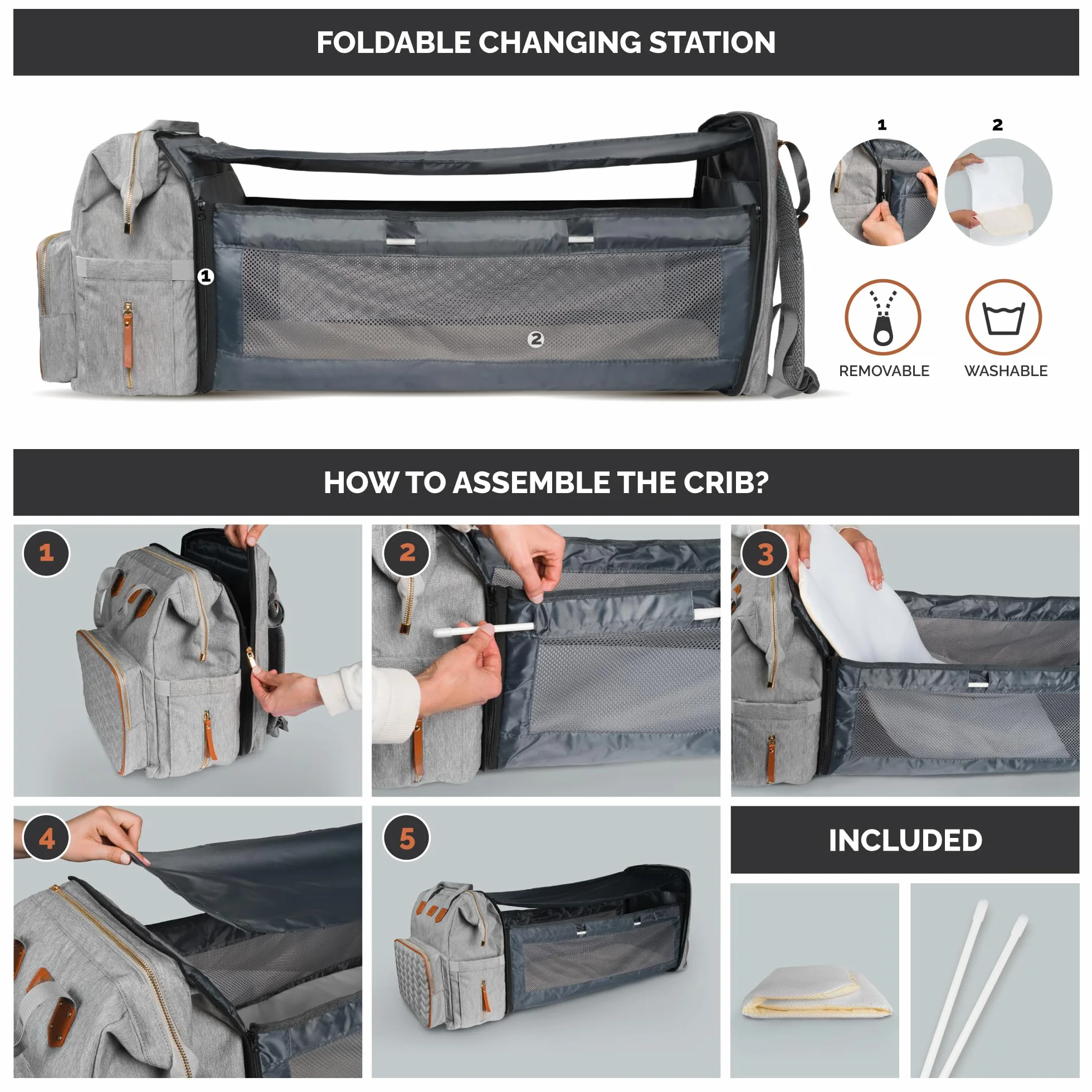 Bolso para Carrito de Bebé Mochila de Pañales con Cuna Extensible QUINO&CO. Unisex con Ganchos Carro, Funda para Biberones, Chupetero, USB | Regalo Bebes Recien Nacidos (Gris)