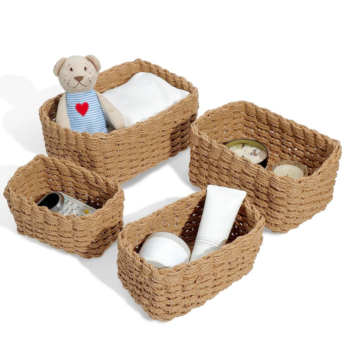 Juego de 4 Cestas de Mimbre Apilables, Cestas de Almacenamiento Trenzadas, Cestas de Cuerda de Papel Reciclable, Cestas Almacenaje, Cesta Mimbre Para Baño, Mesas, Cocina, Salón