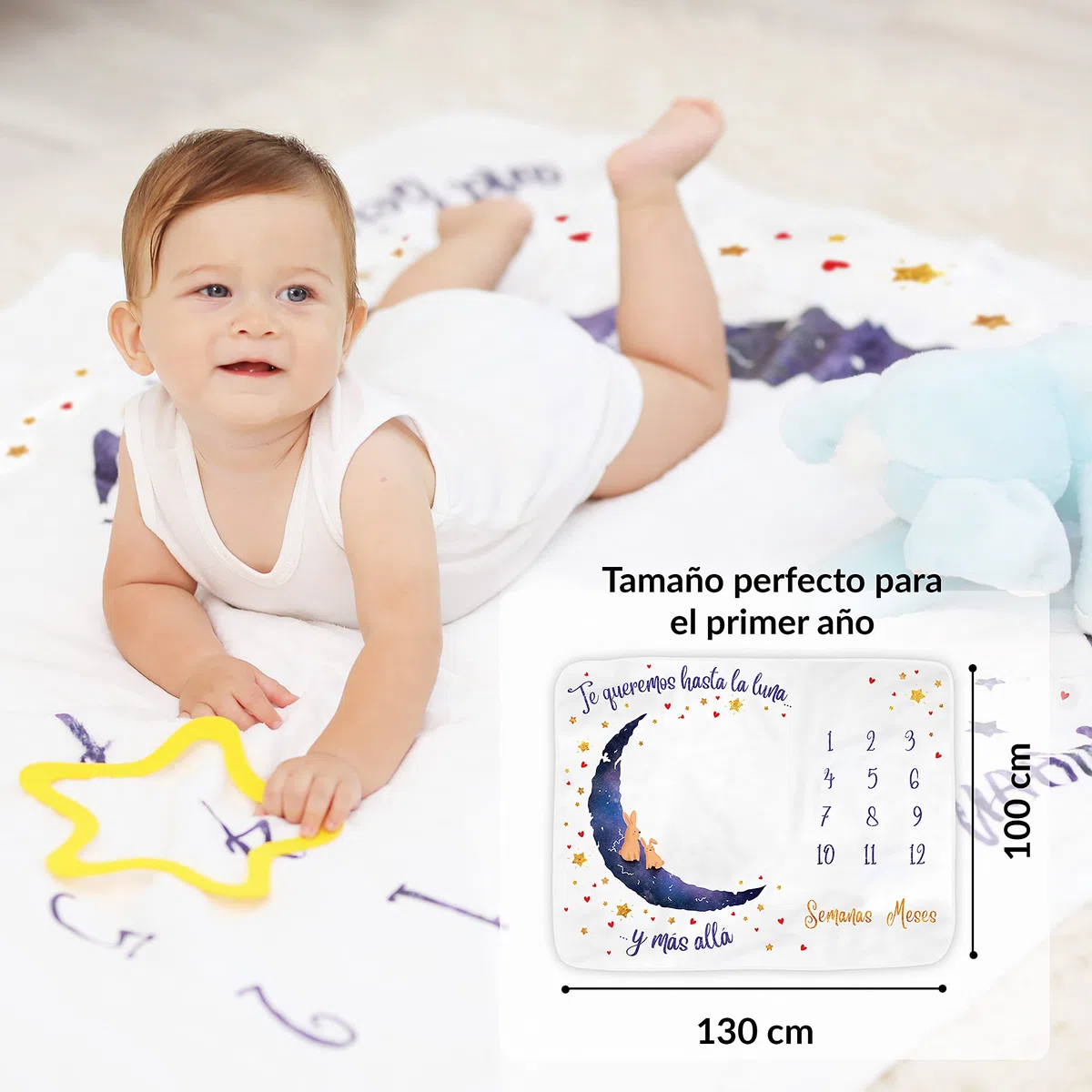 Manta Meses Bebé en Español | Manta Bebe Personalizada, Unisex | Regalo Personalizado De Nacimiento Para Nuevas Mamás | Temática Luna | Suave y Gruesa | Manta Mensual Bebe | Incluye Marcos