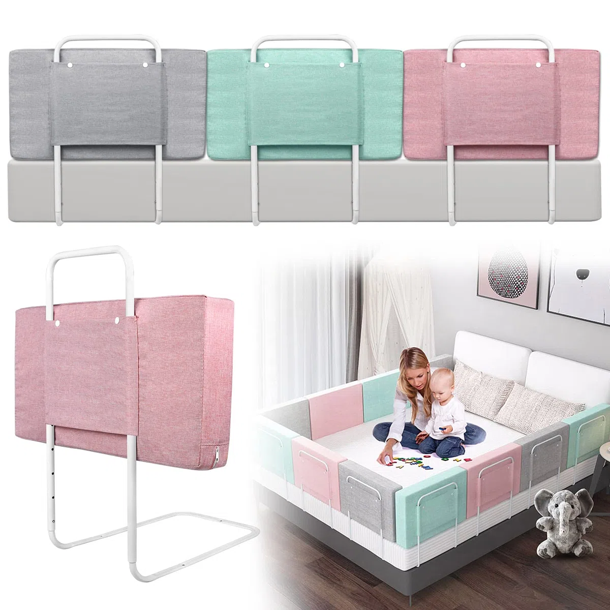 UISEBRT Barrera protectora para cama infantil, 60 cm, 5 agujeros, altura regulable, protección anticaídas, para cama familiar y cama infantil (60 cm, rosa cerezo)