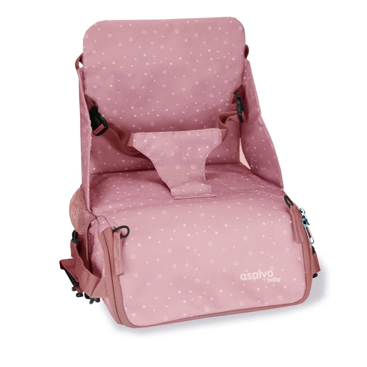 Asalvo BOOSTER HUMMUS Trona Portátil Bebé 2 EN 1 para Viajes y Comidas Fuera, Tronas de Bebé Compactas con Bolsillos para Accesorios, Trona Plegable y Portátil para Bebés con Arnés de Seguridad, Rosa