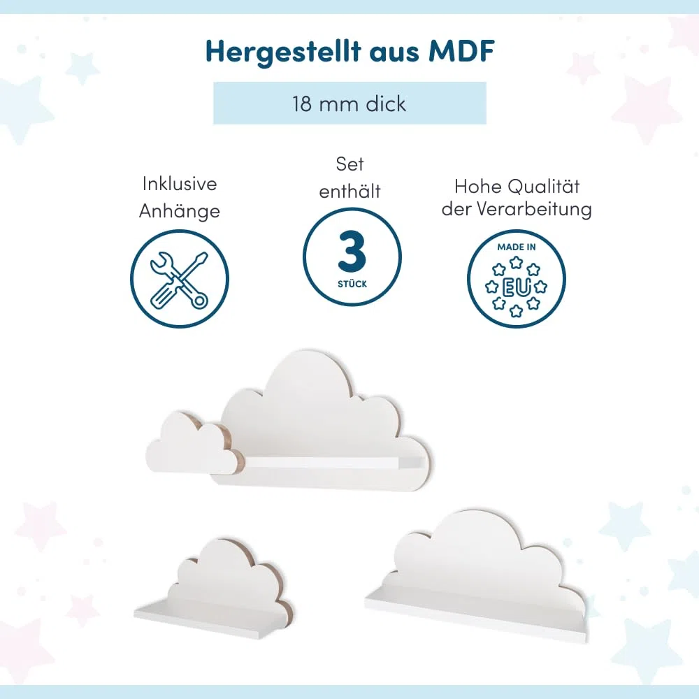Estantería con Nubes para habitación de bebé, Juego de 3 Unidades, estantería de Pared para habitación Infantil en Color Blanco, estantería de Madera en Estilo escandinavo, estantería